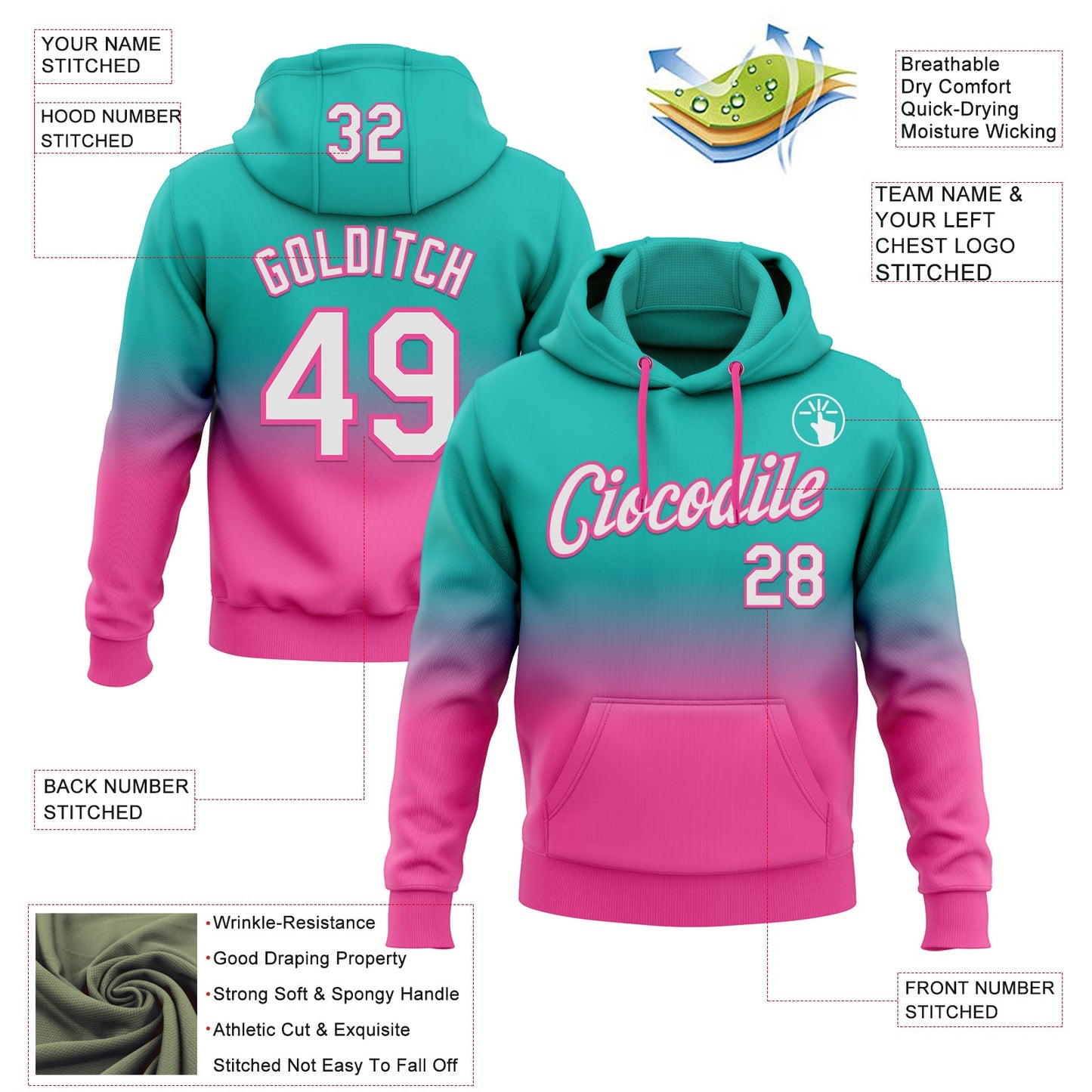 Custom Stitched Aqua White-Pink Fade Fashion Sports Pullover Sweatshirt Hoodie view 2