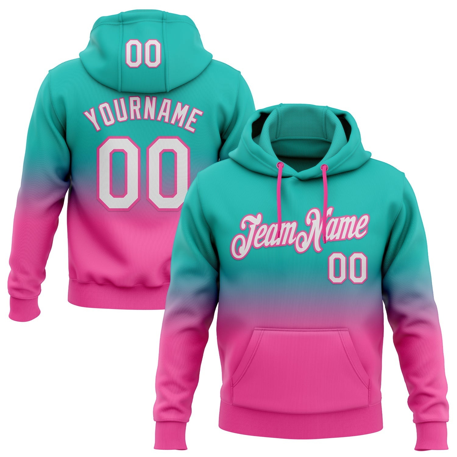 Custom Stitched Aqua White-Pink Fade Fashion Sports Pullover Sweatshirt Hoodie - Main View