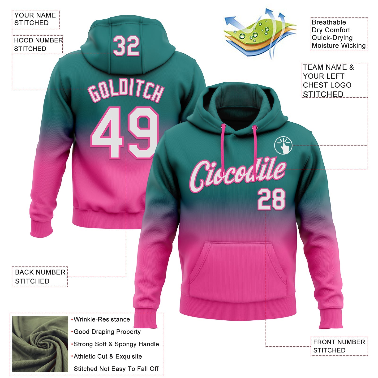 Custom Stitched Teal White-Pink Fade Fashion Sports Pullover Sweatshirt Hoodie view 2