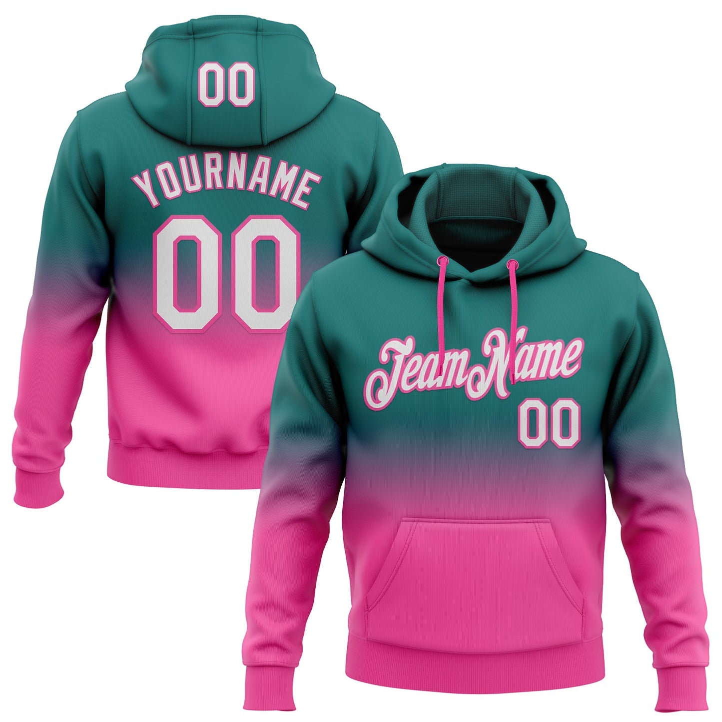 Custom Stitched Teal White-Pink Fade Fashion Sports Pullover Sweatshirt Hoodie - Main View