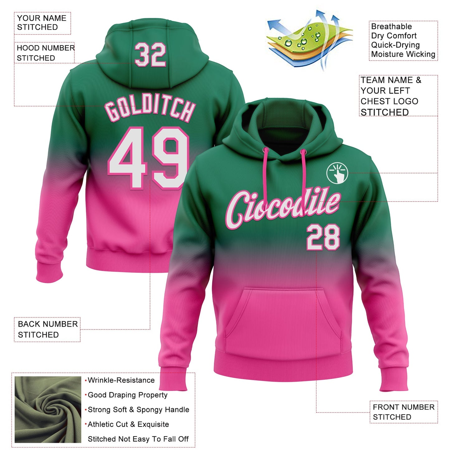 Custom Stitched Kelly Green White-Pink Fade Fashion Sports Pullover Sweatshirt Hoodie view 2