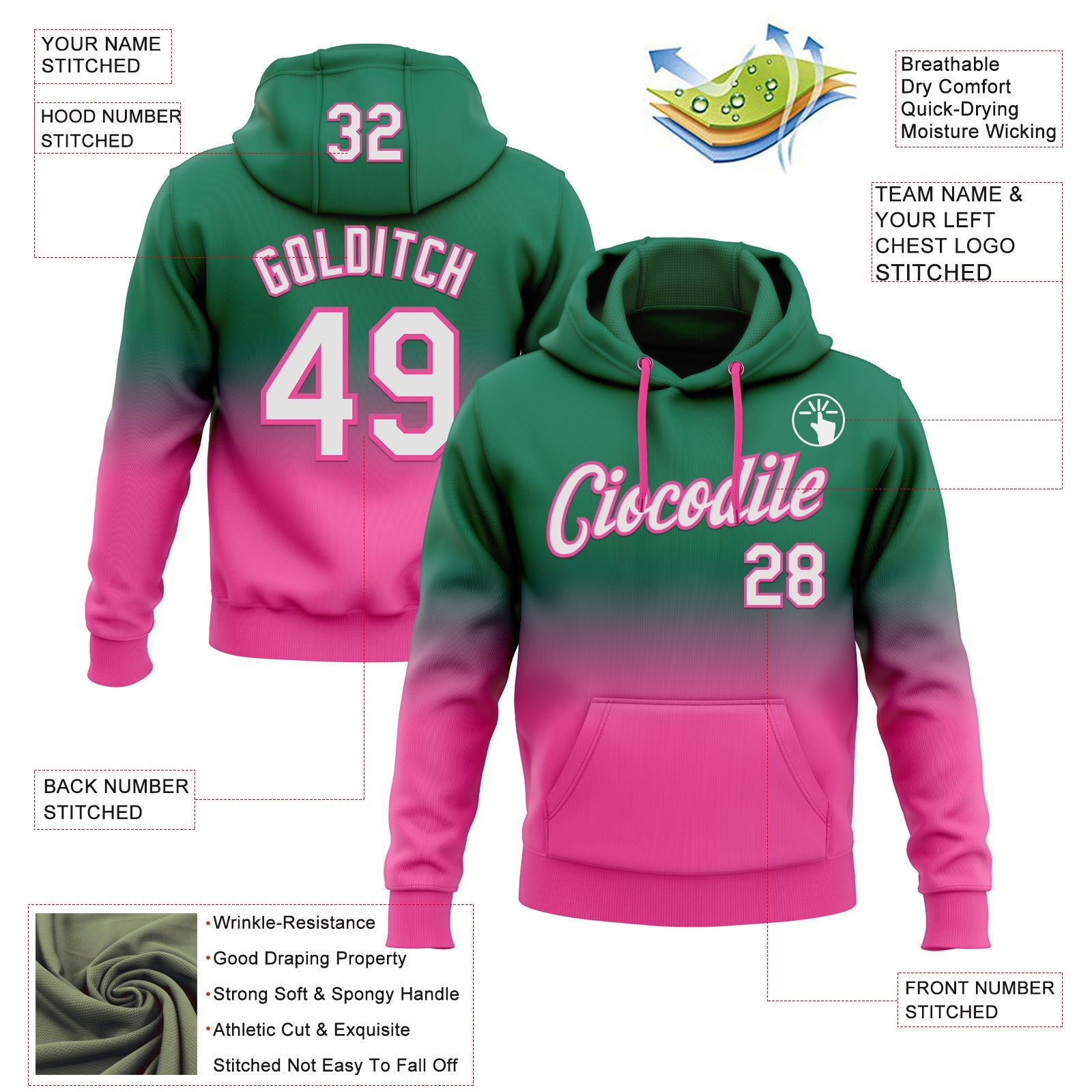 Custom Stitched Kelly Green White-Pink Fade Fashion Sports Pullover Sweatshirt Hoodie view 2