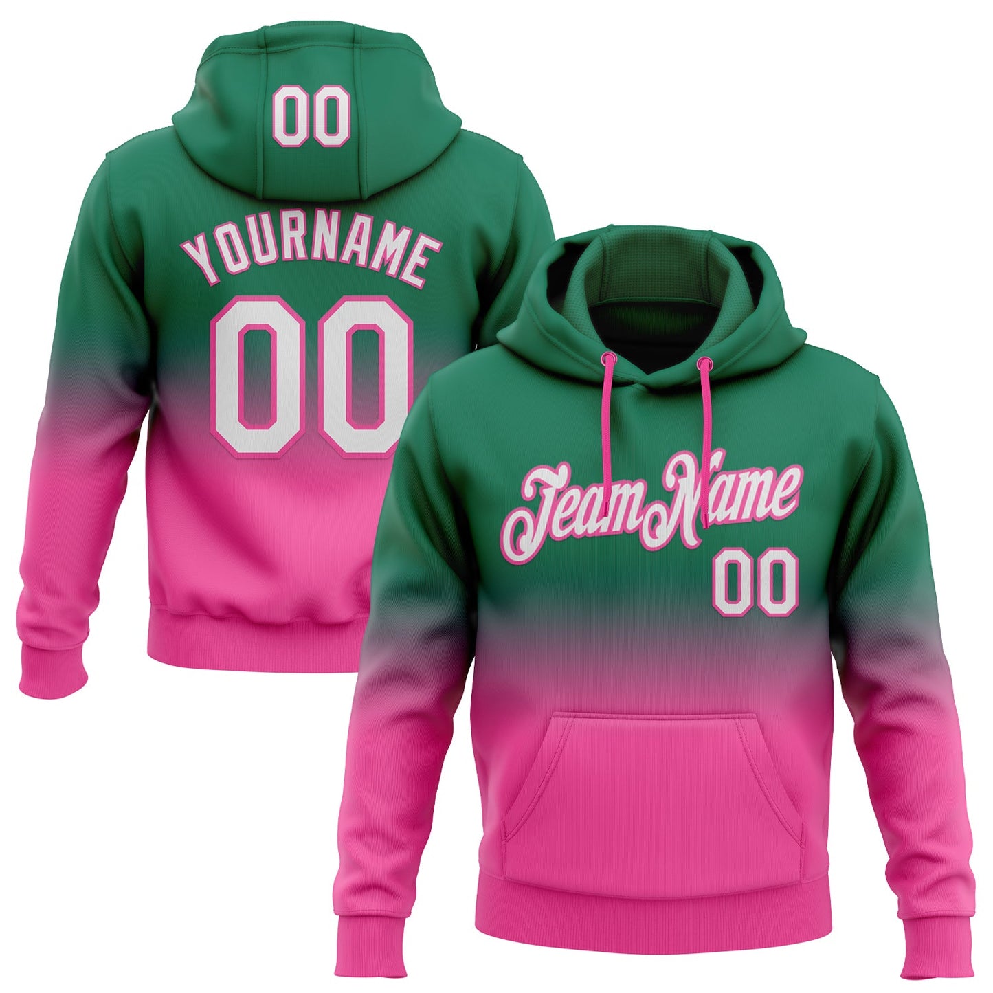 Custom Stitched Kelly Green White-Pink Fade Fashion Sports Pullover Sweatshirt Hoodie - Main View