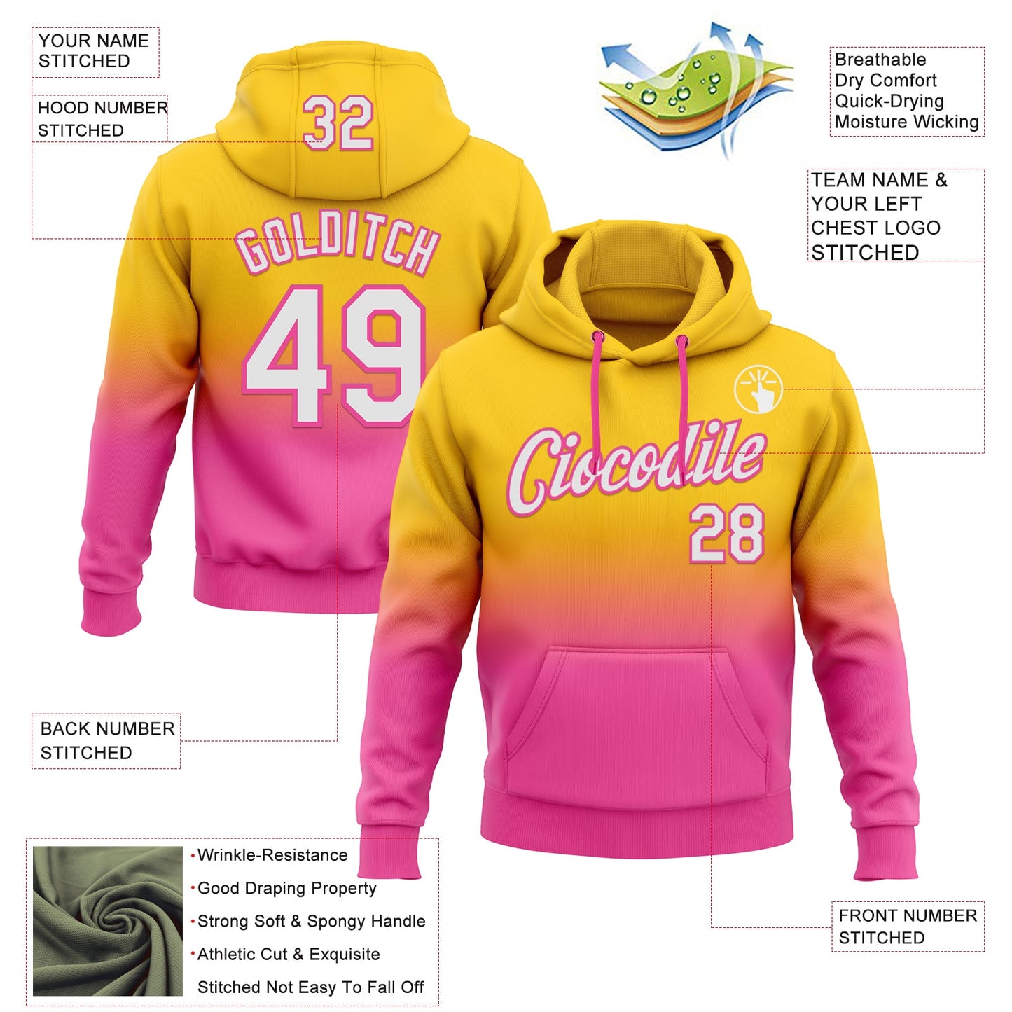 Custom Stitched Yellow White-Pink Fade Fashion Sports Pullover Sweatshirt Hoodie view 2