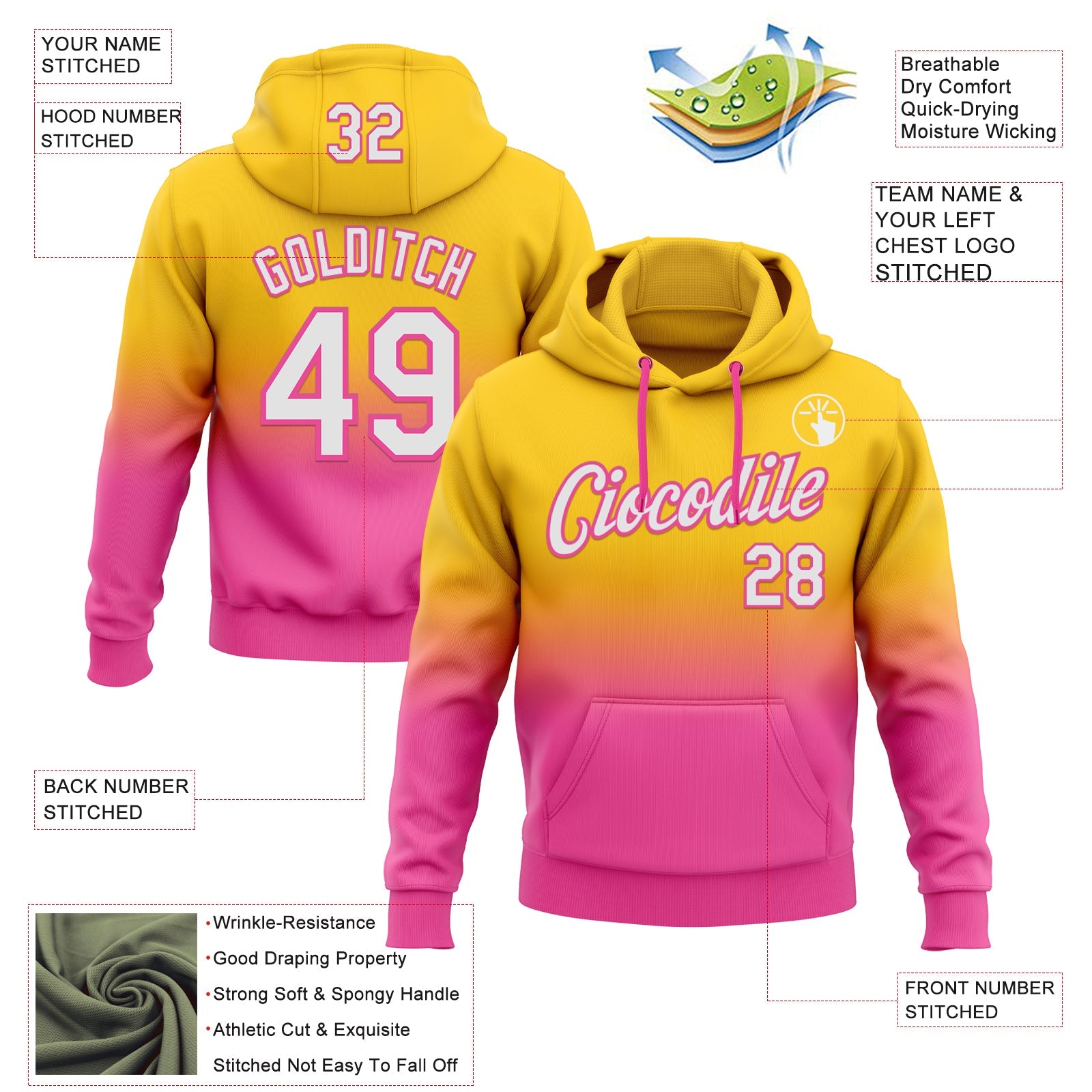 Custom Stitched Yellow White-Pink Fade Fashion Sports Pullover Sweatshirt Hoodie view 2