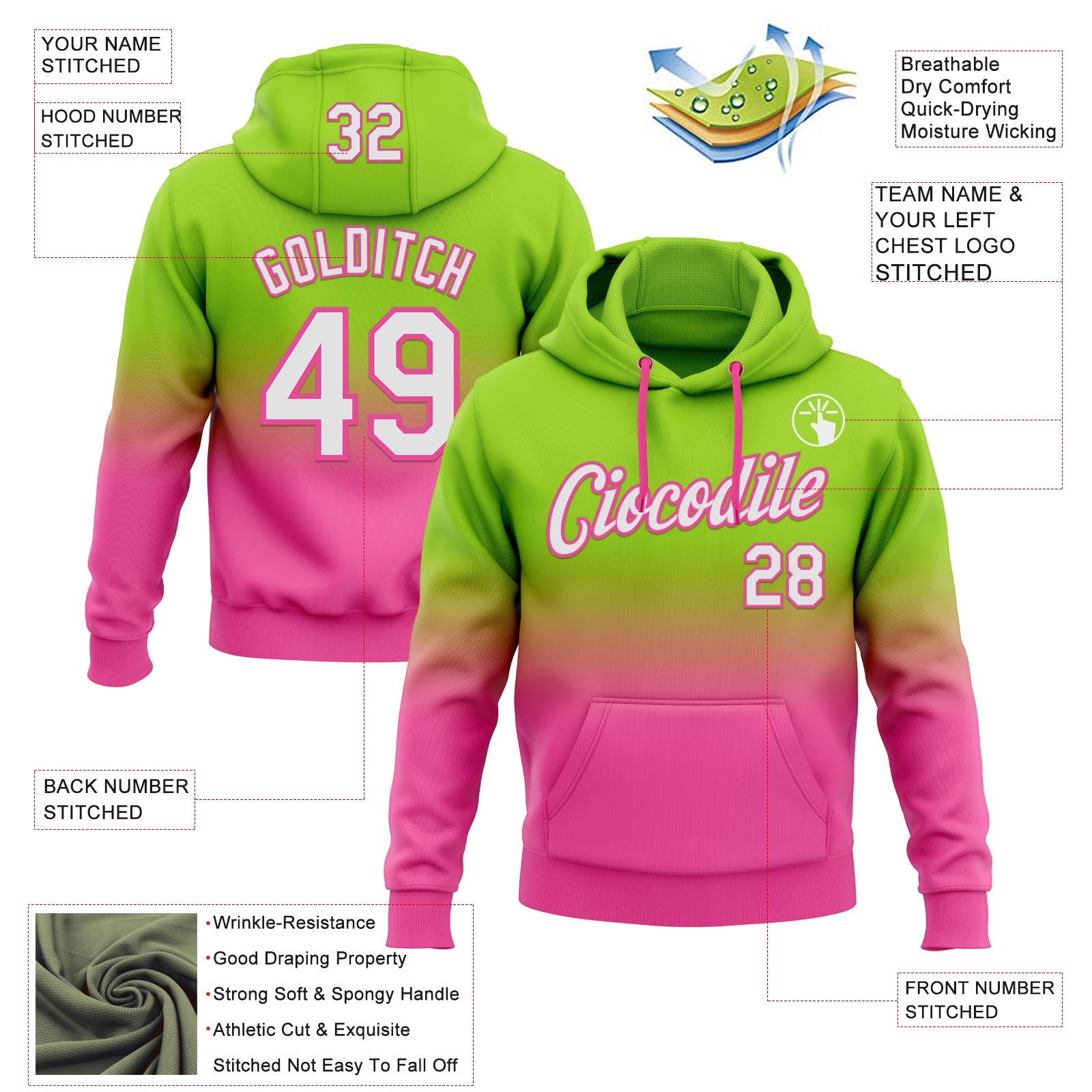 Custom Stitched Neon Green White-Pink Fade Fashion Sports Pullover Sweatshirt Hoodie view 2