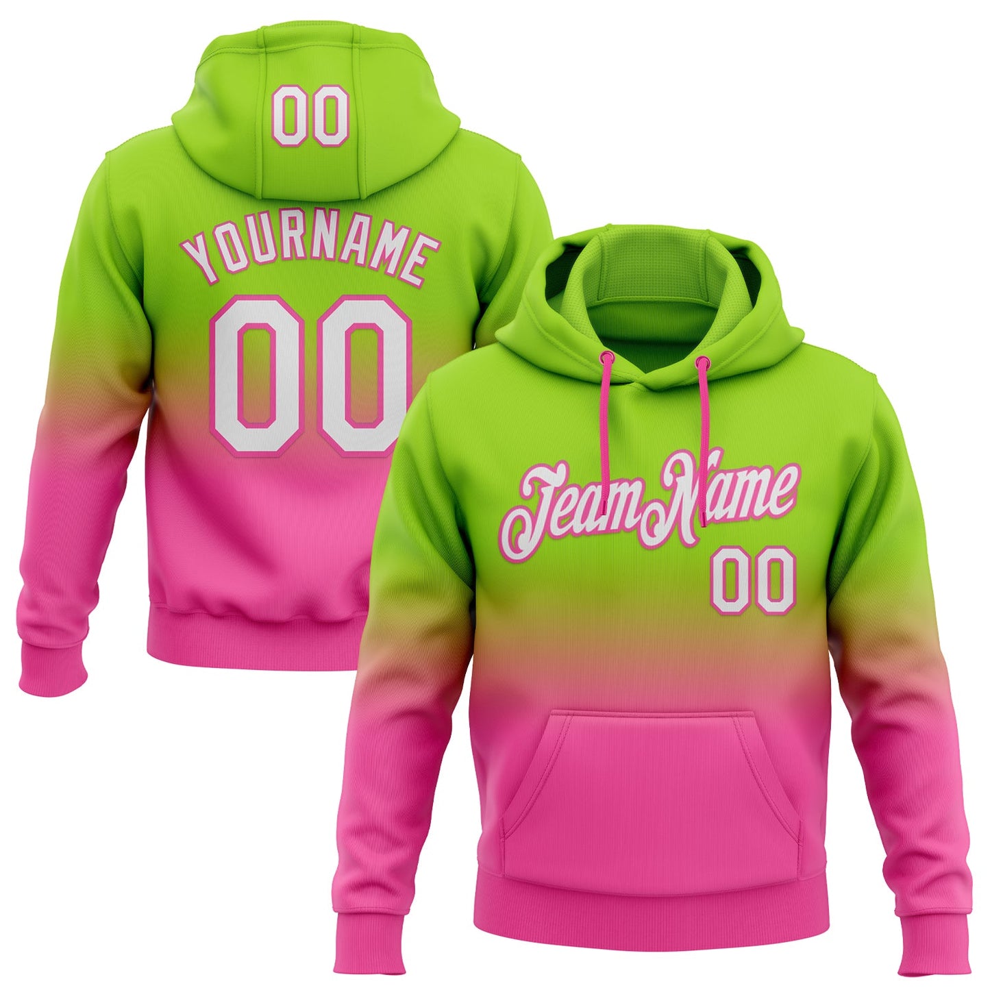 Custom Stitched Neon Green White-Pink Fade Fashion Sports Pullover Sweatshirt Hoodie - Main View