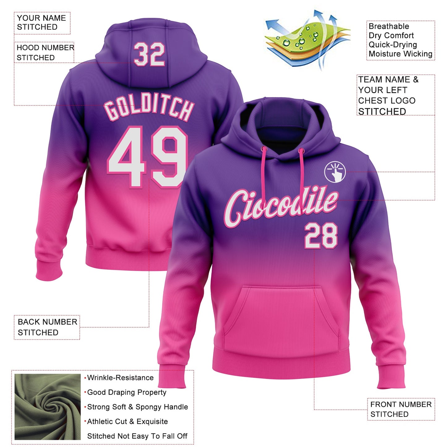 Custom Stitched Purple White-Pink Fade Fashion Sports Pullover Sweatshirt Hoodie view 2