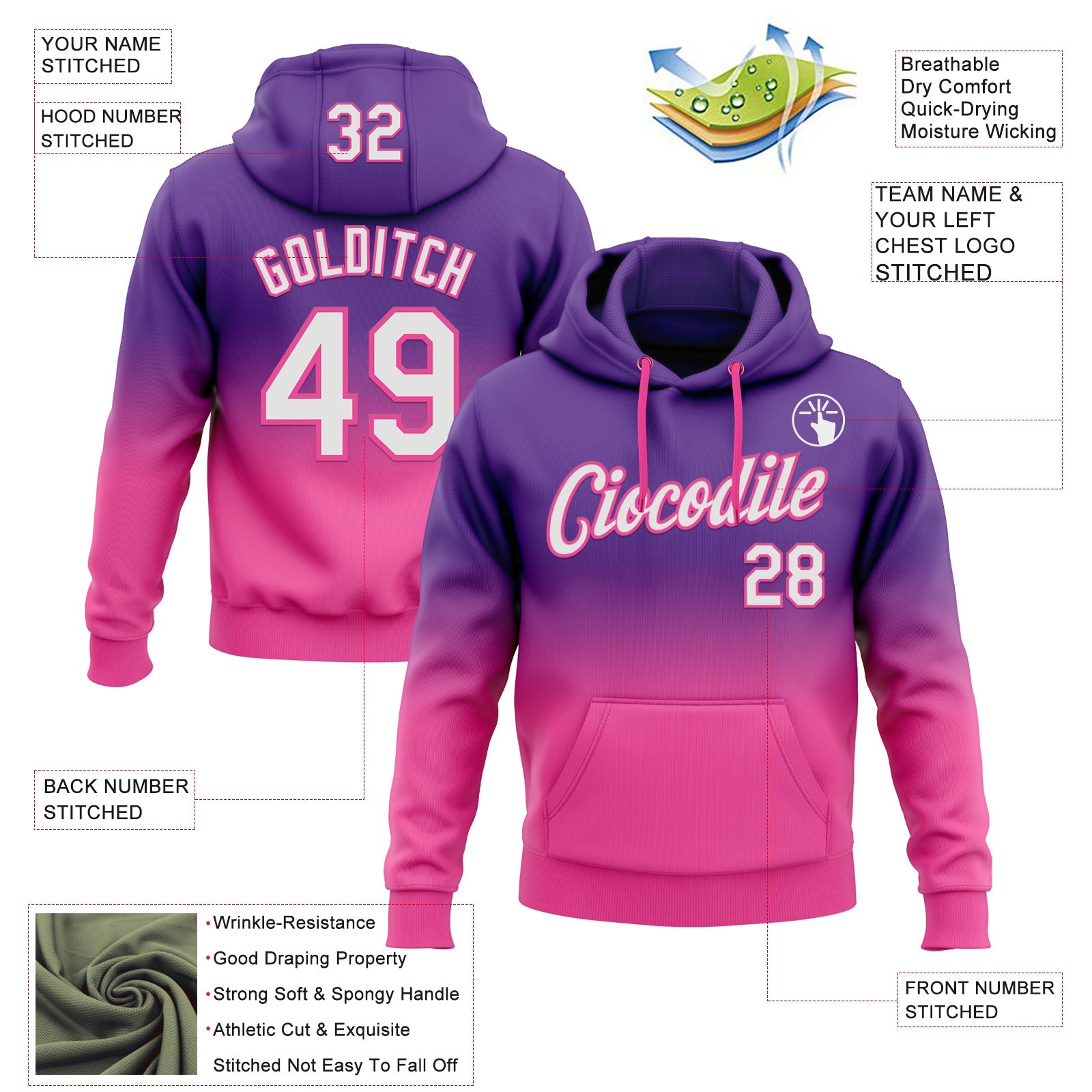 Custom Stitched Purple White-Pink Fade Fashion Sports Pullover Sweatshirt Hoodie view 2