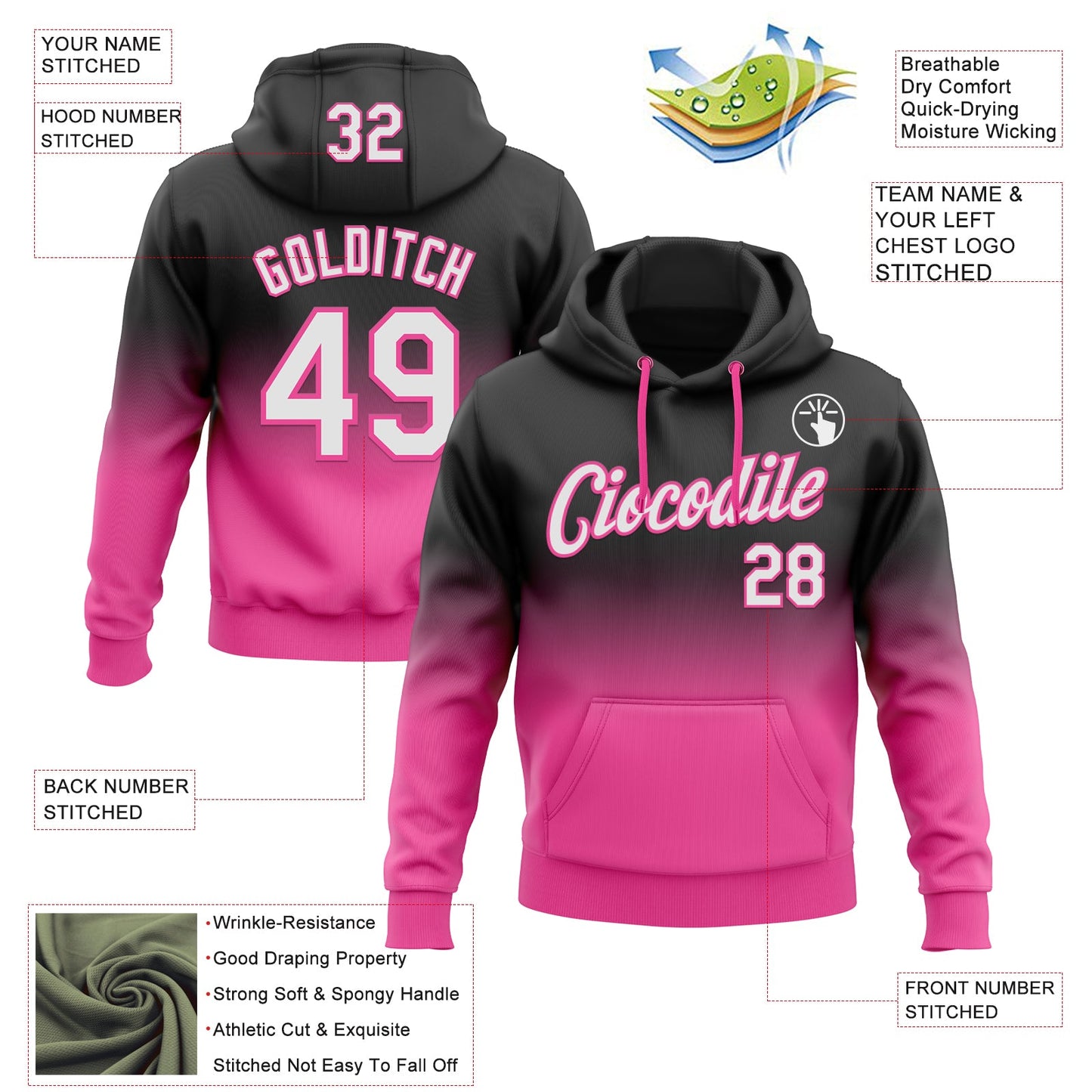 Custom Stitched Black White-Pink Fade Fashion Sports Pullover Sweatshirt Hoodie view 2