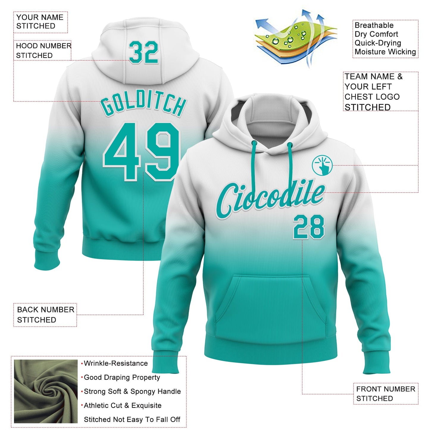 Custom Stitched White Aqua Fade Fashion Sports Pullover Sweatshirt Hoodie view 2