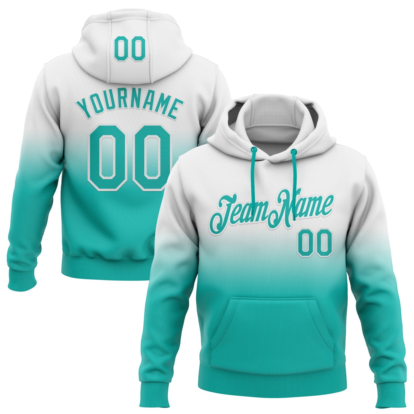 Custom Stitched White Aqua Fade Fashion Sports Pullover Sweatshirt Hoodie - Main View