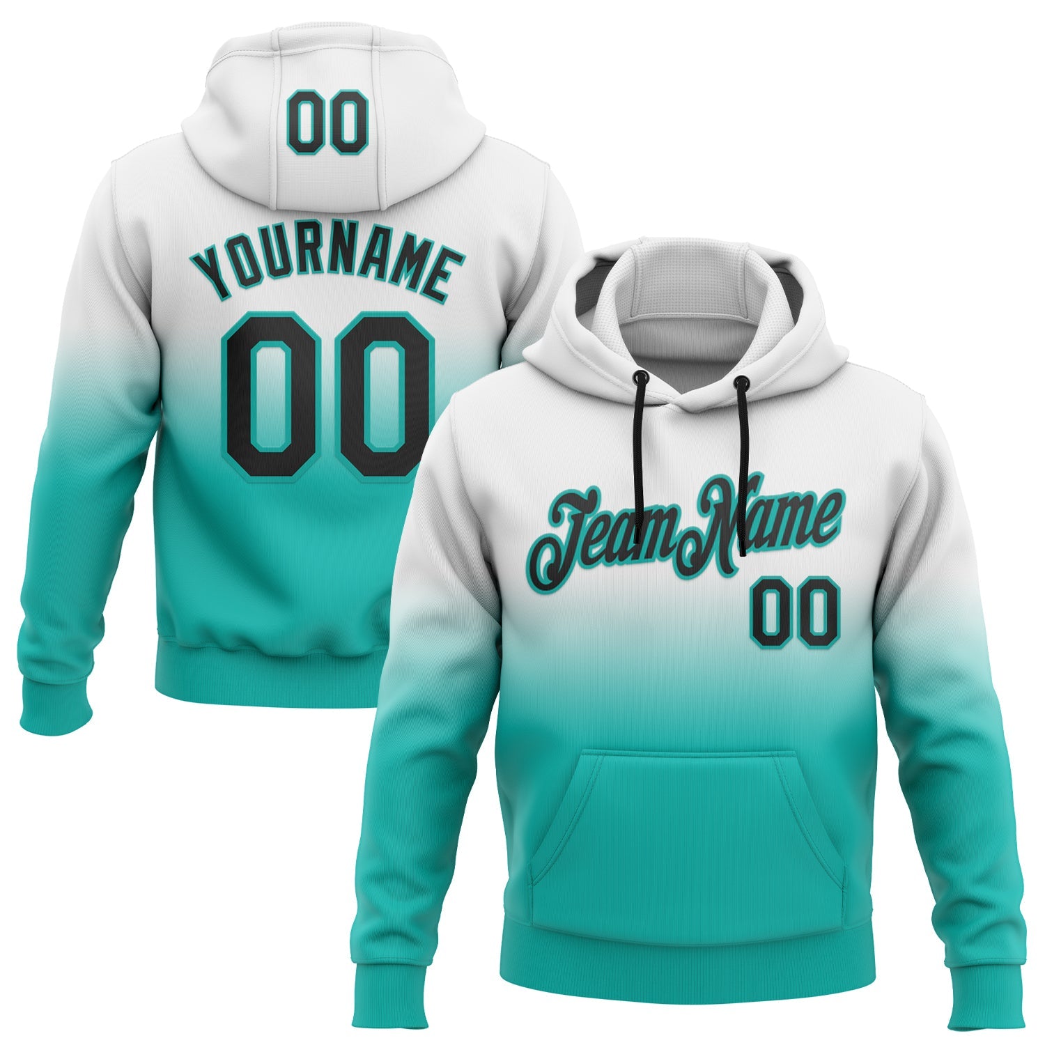 Custom Stitched White Black-Aqua Fade Fashion Sports Pullover Sweatshirt Hoodie - Main View
