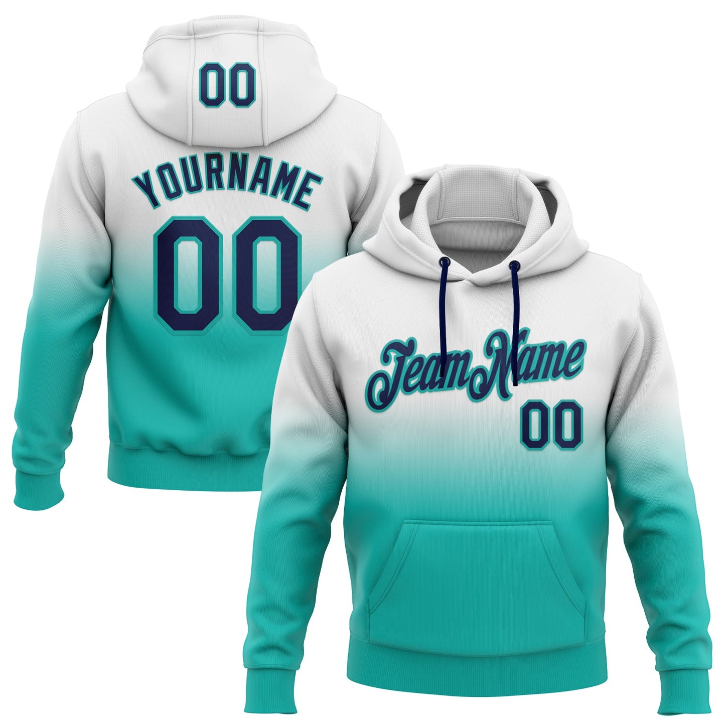 Custom Stitched White Navy-Aqua Fade Fashion Sports Pullover Sweatshirt Hoodie - Main View