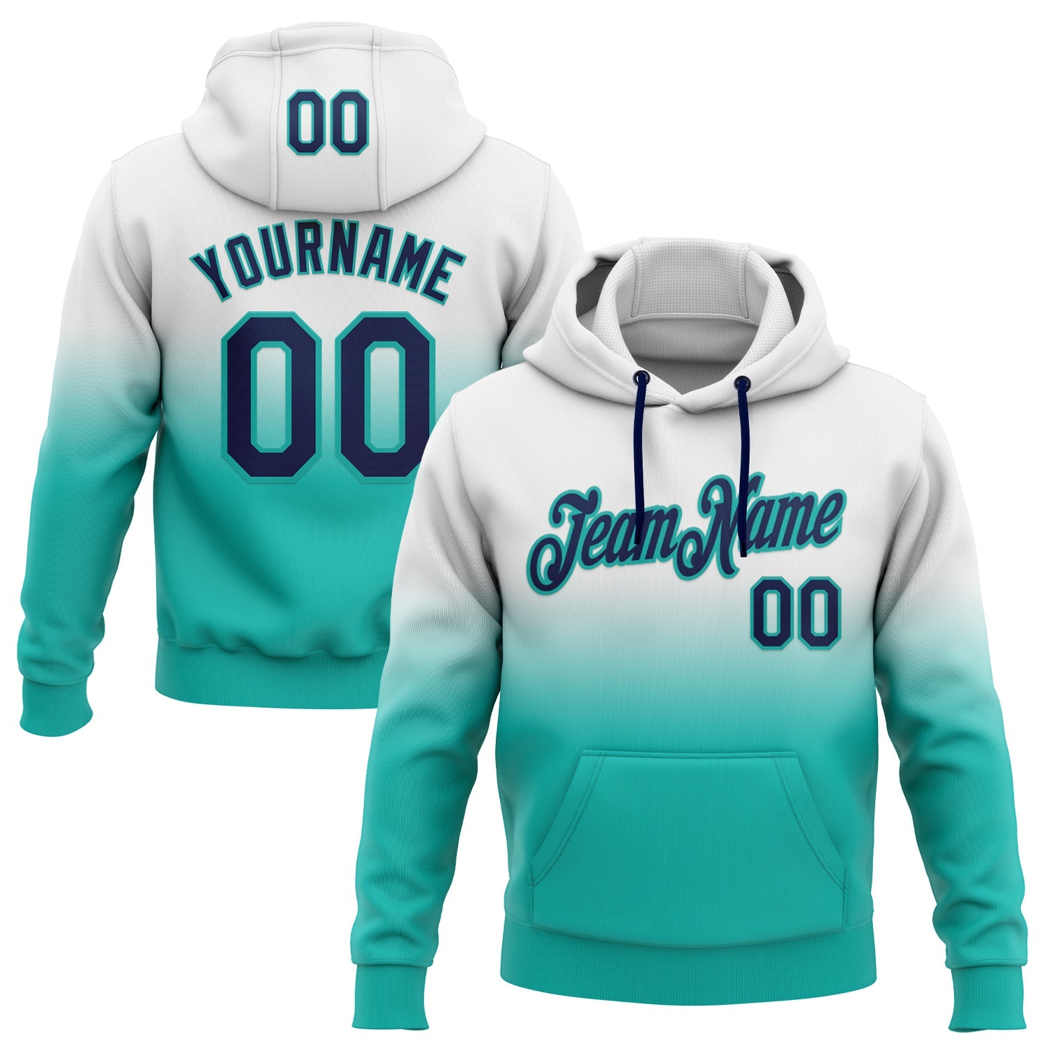 Custom Stitched White Navy-Aqua Fade Fashion Sports Pullover Sweatshirt Hoodie - Main View