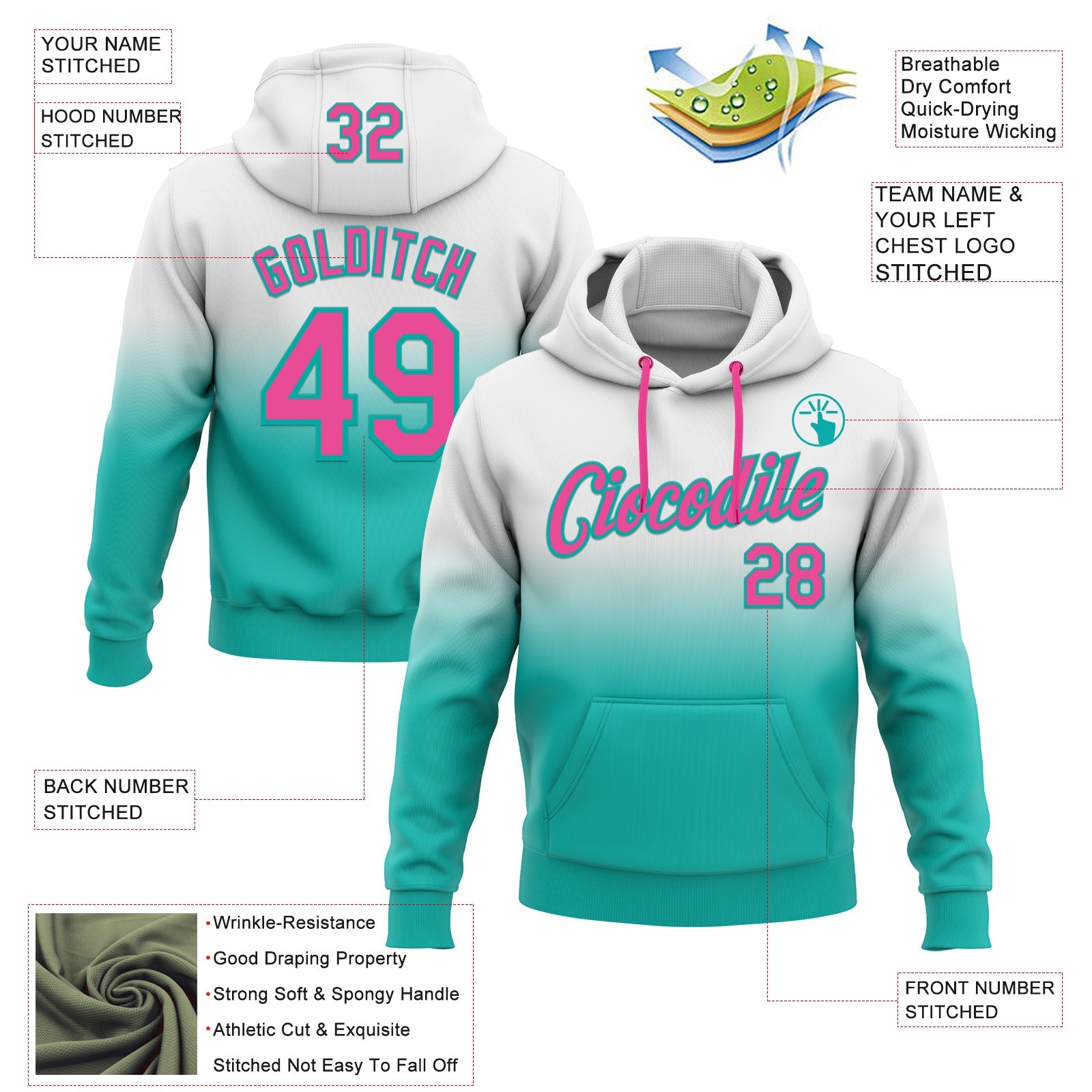 Custom Stitched White Pink-Aqua Fade Fashion Sports Pullover Sweatshirt Hoodie view 2
