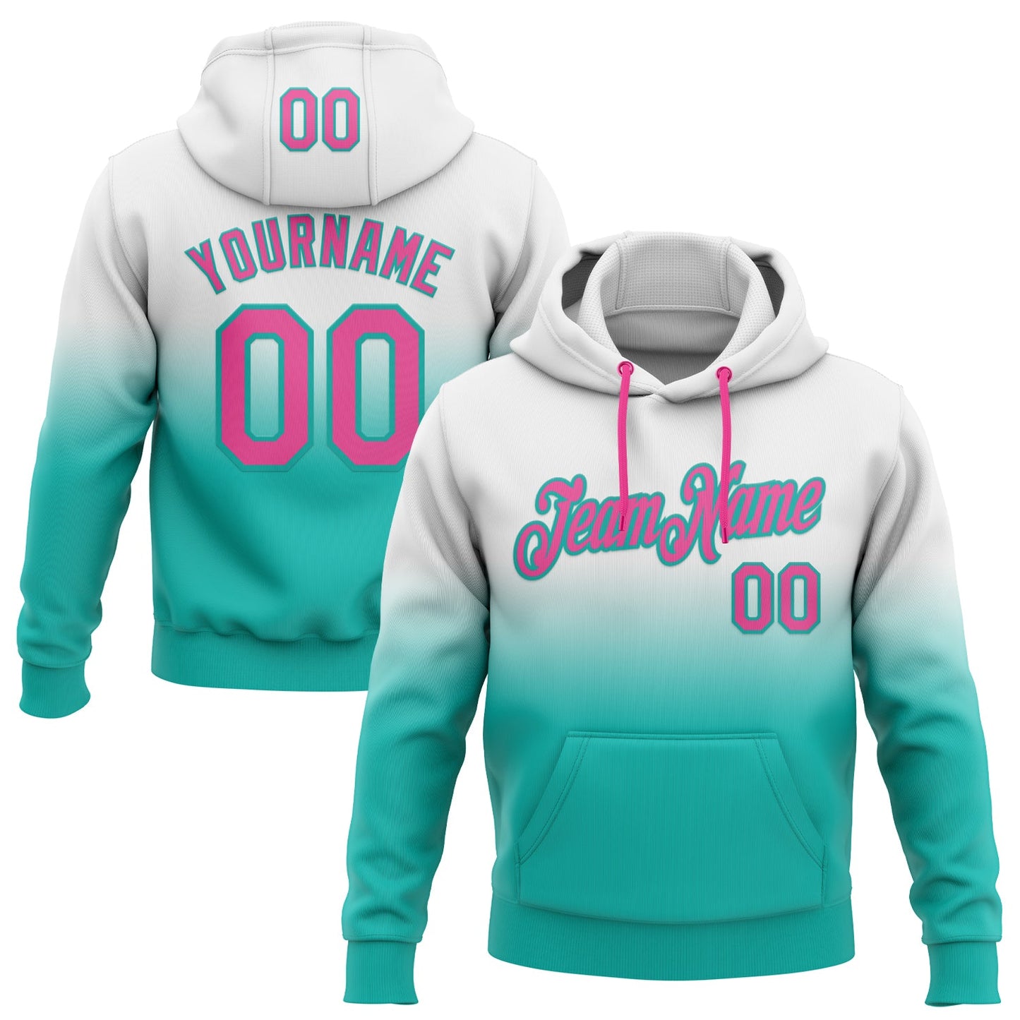 Custom Stitched White Pink-Aqua Fade Fashion Sports Pullover Sweatshirt Hoodie - Main View