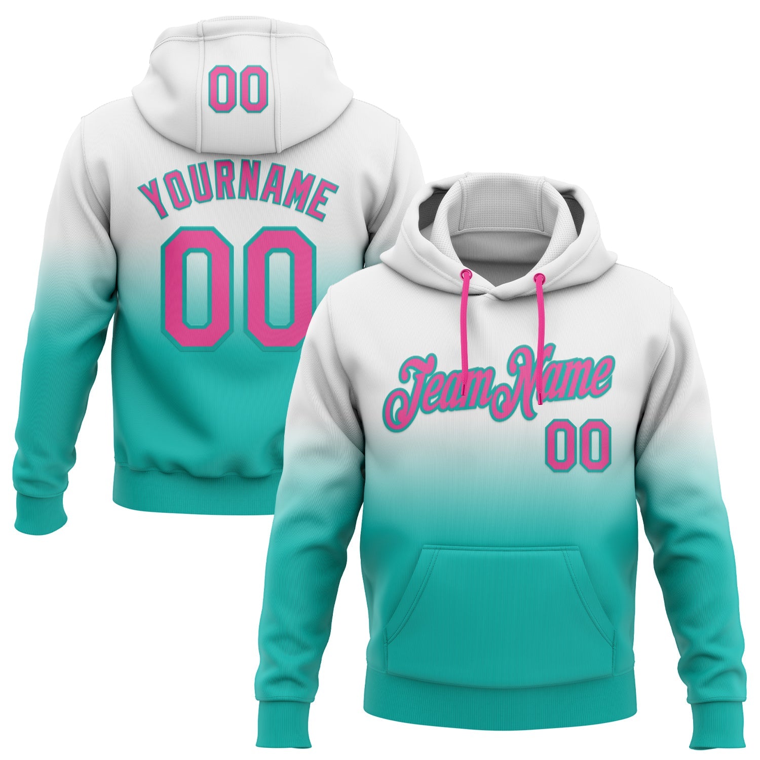 Custom Stitched White Pink-Aqua Fade Fashion Sports Pullover Sweatshirt Hoodie - Main View