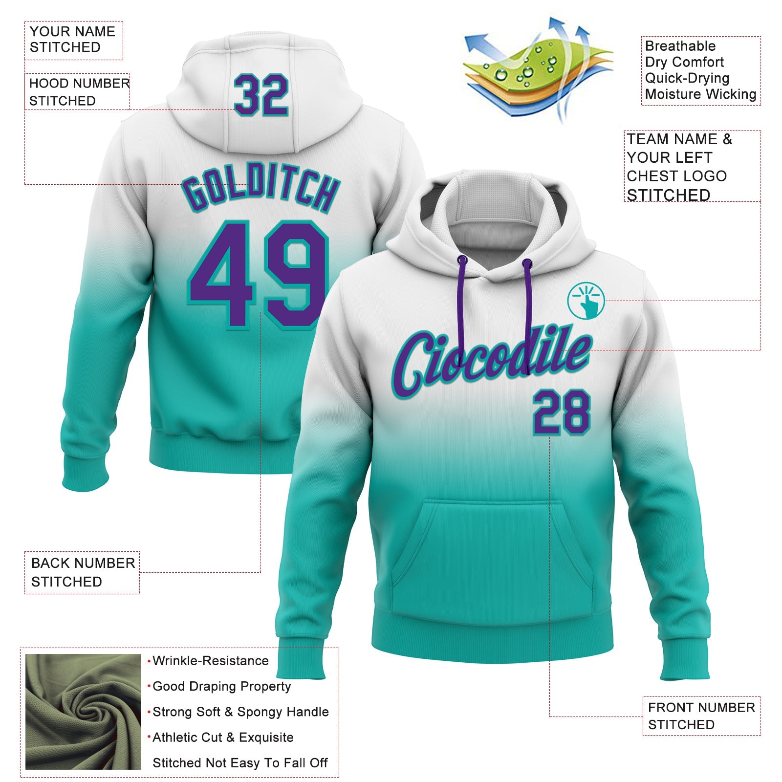 Custom Stitched White Purple-Aqua Fade Fashion Sports Pullover Sweatshirt Hoodie view 2