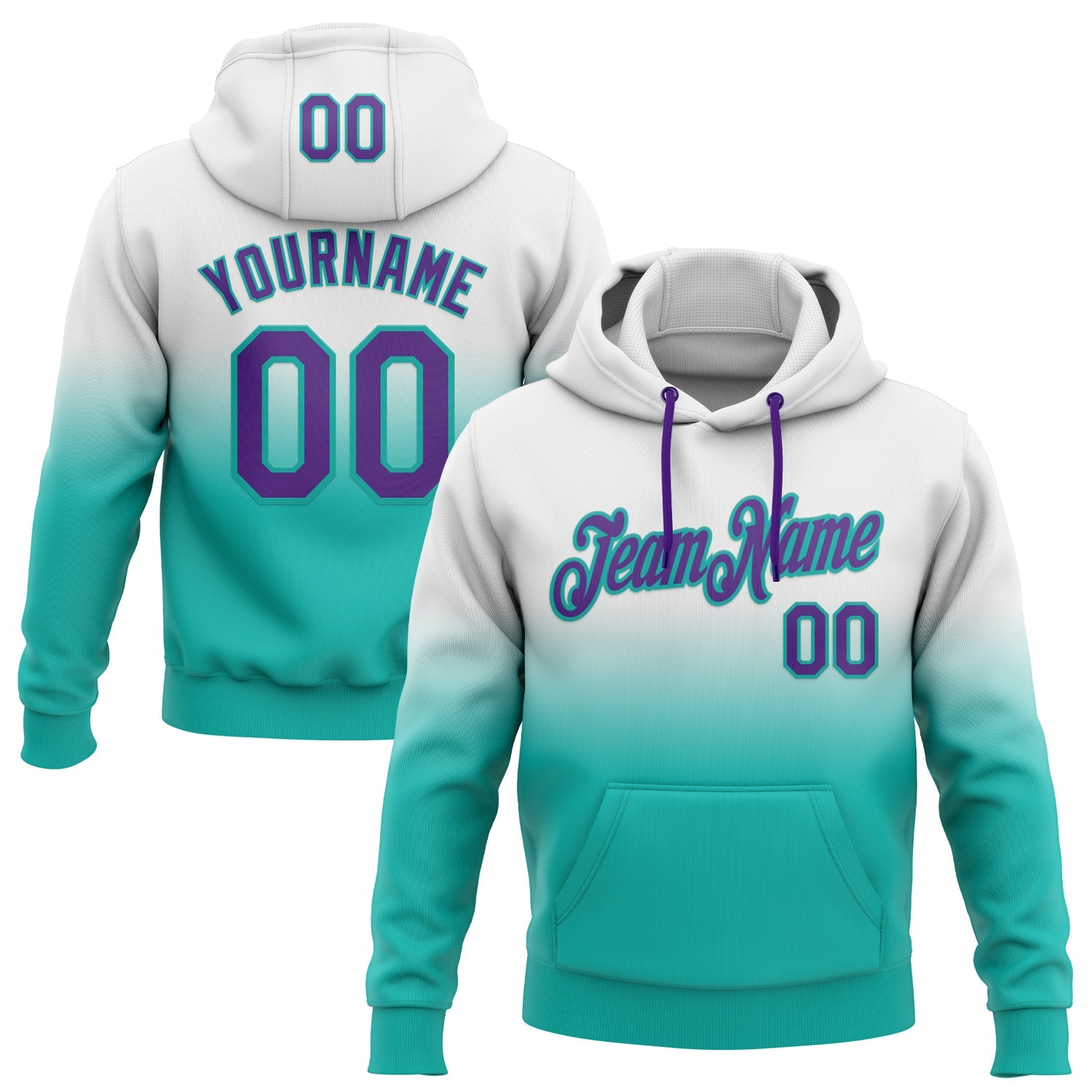 Custom Stitched White Purple-Aqua Fade Fashion Sports Pullover Sweatshirt Hoodie - Main View