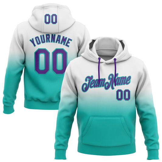 Custom Stitched White Purple-Aqua Fade Fashion Sports Pullover Sweatshirt Hoodie - Main View