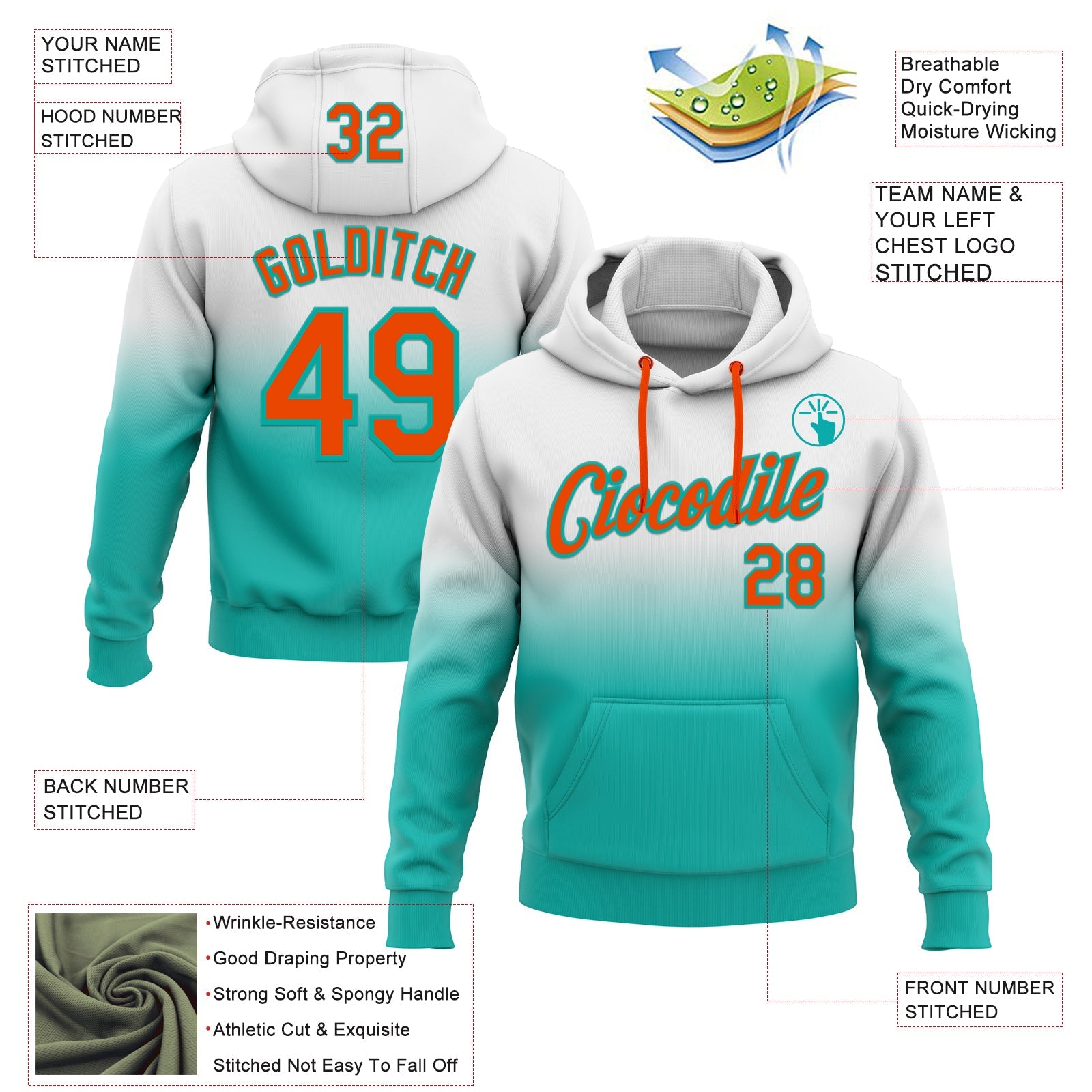 Custom Stitched White Orange-Aqua Fade Fashion Sports Pullover Sweatshirt Hoodie view 2