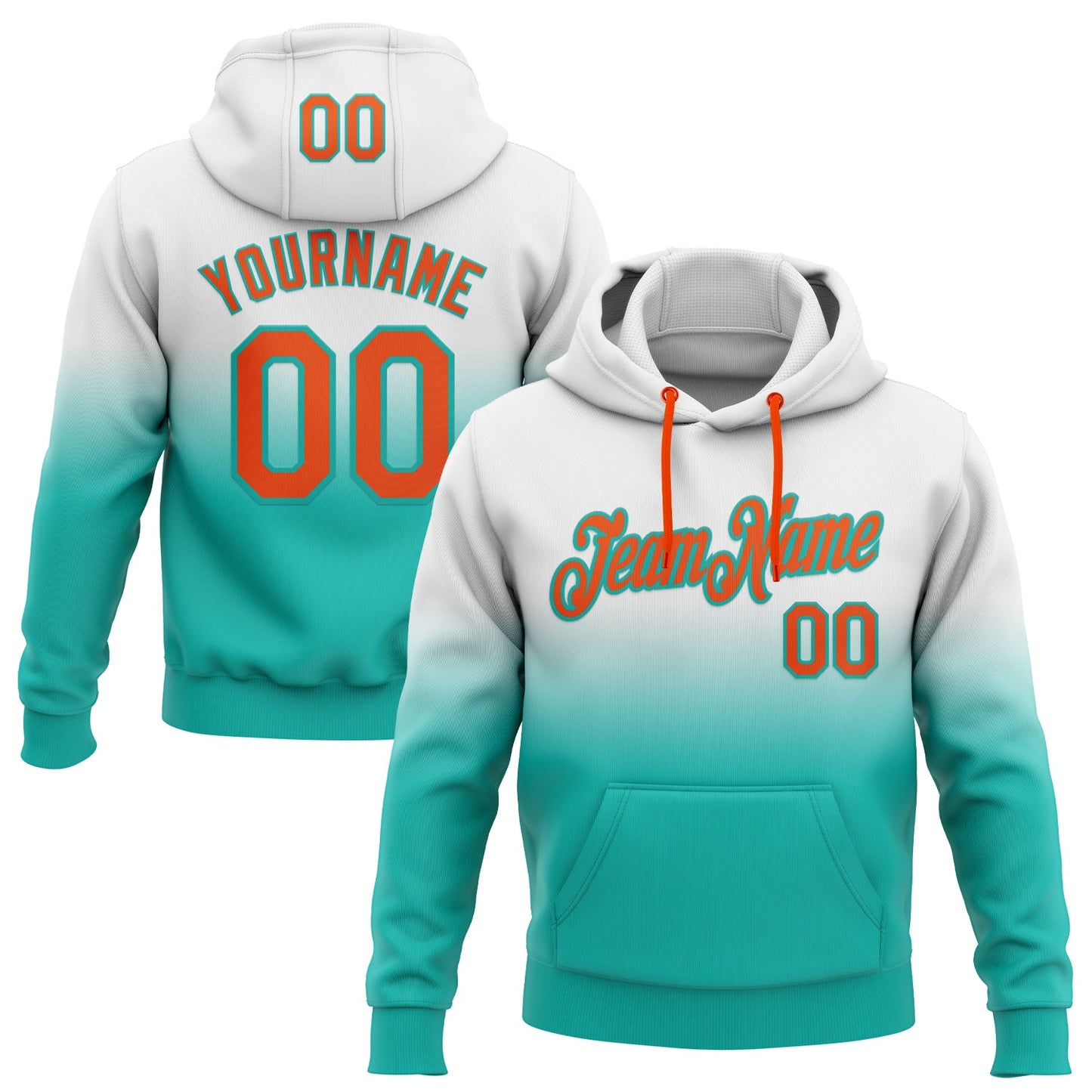 Custom Stitched White Orange-Aqua Fade Fashion Sports Pullover Sweatshirt Hoodie - Main View