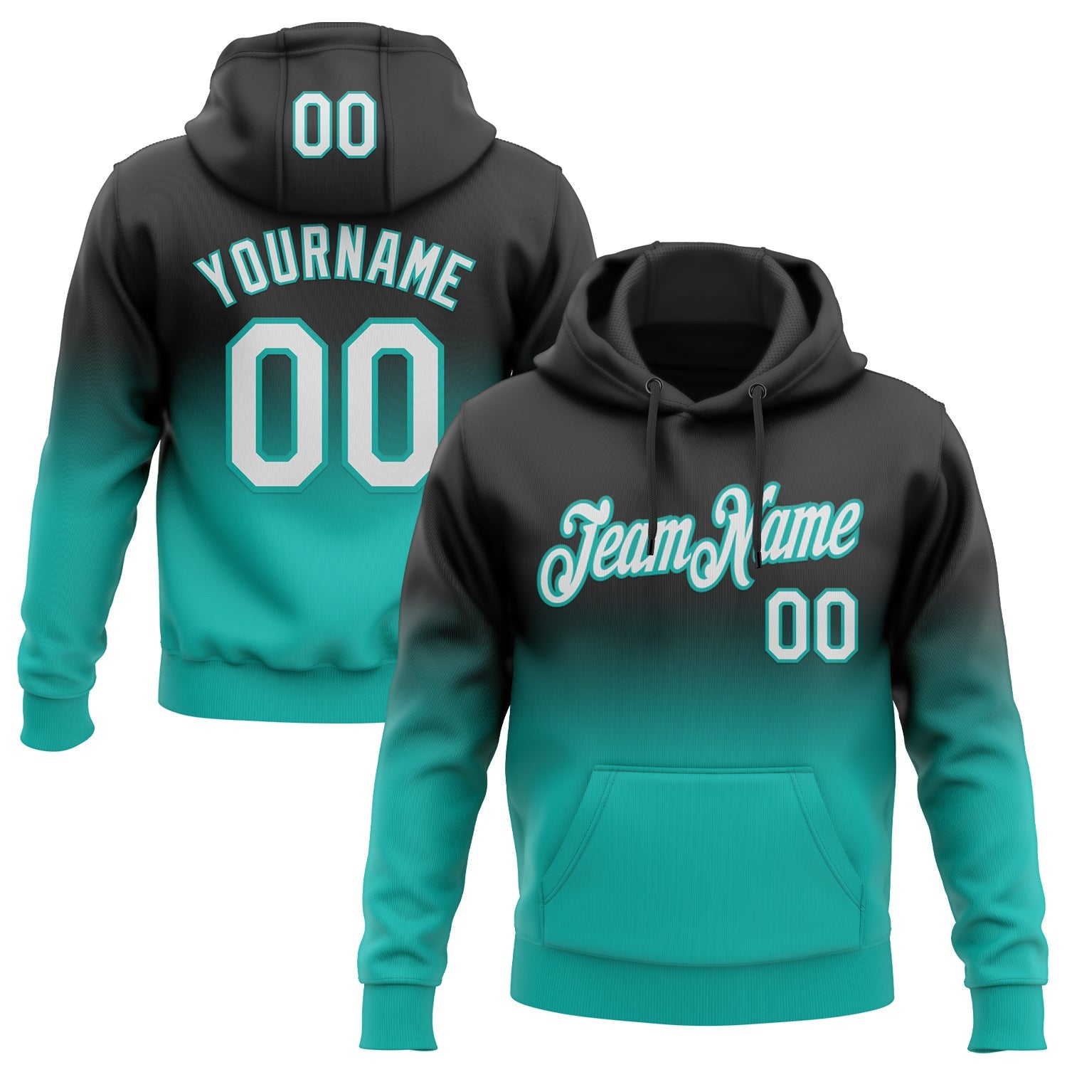 Custom Stitched Black White-Aqua Fade Fashion Sports Pullover Sweatshirt Hoodie - Main View