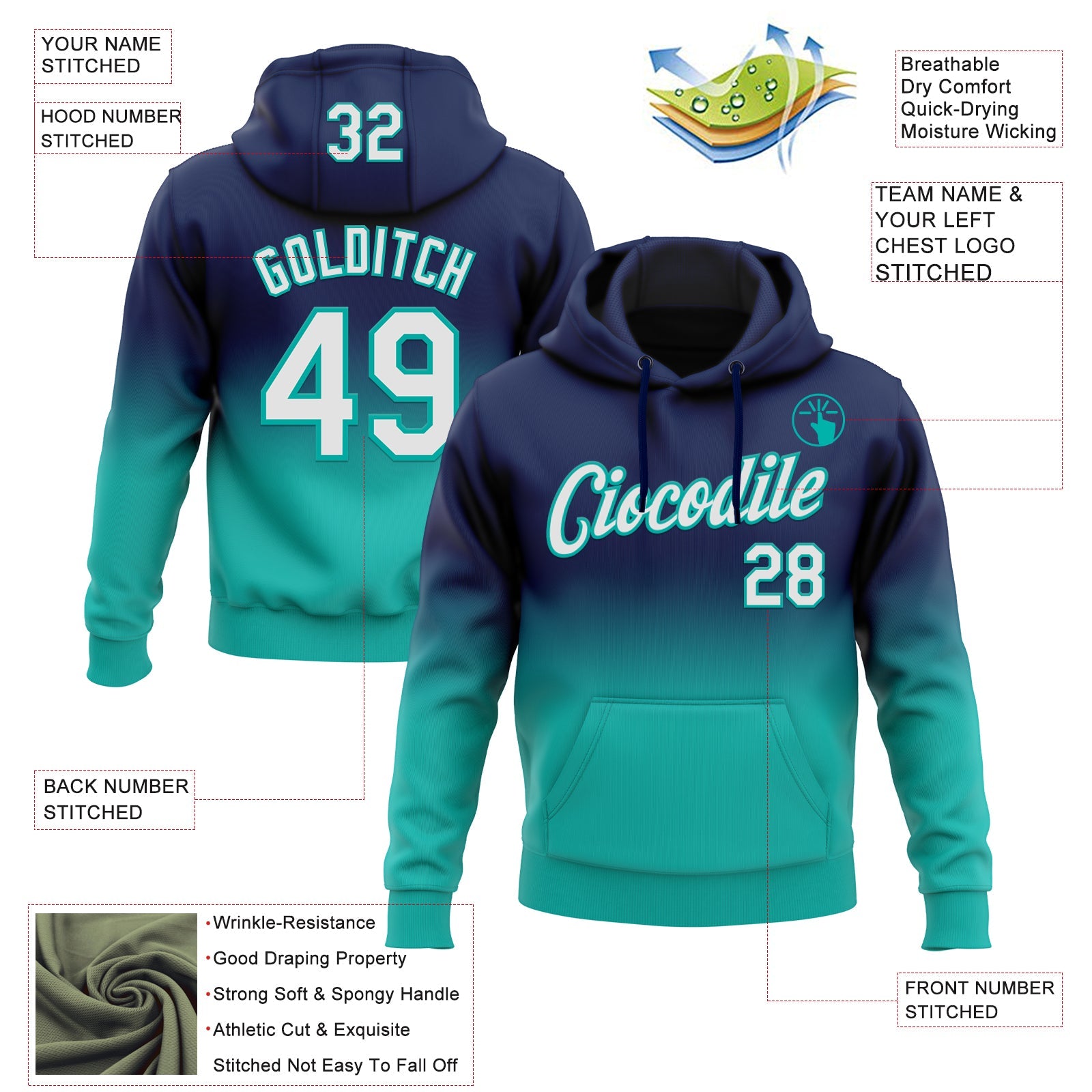 Custom Stitched Navy White-Aqua Fade Fashion Sports Pullover Sweatshirt Hoodie view 2