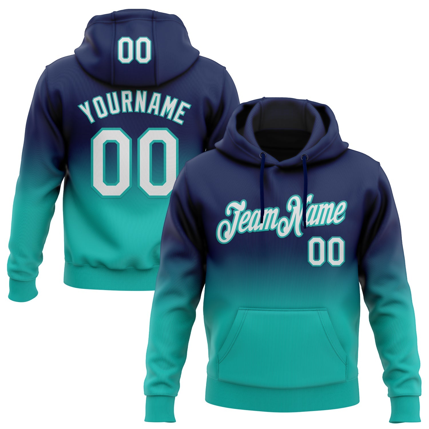Custom Stitched Navy White-Aqua Fade Fashion Sports Pullover Sweatshirt Hoodie - Main View