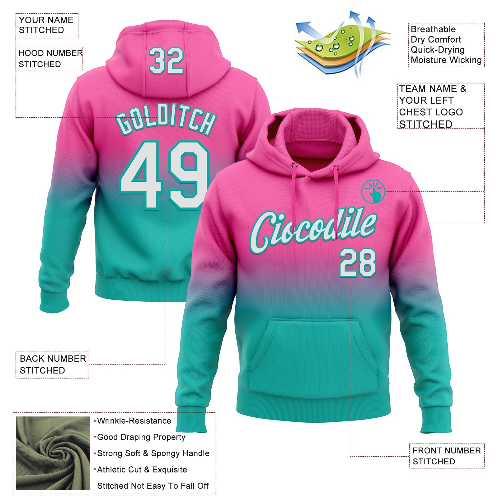 Custom Stitched Pink White-Aqua Fade Fashion Sports Pullover Sweatshirt Hoodie view 2