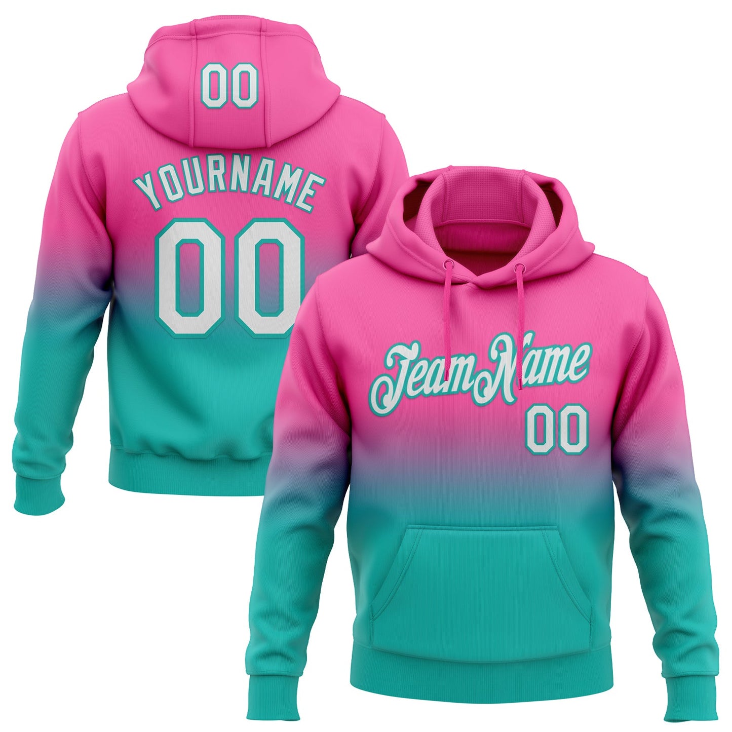 Custom Stitched Pink White-Aqua Fade Fashion Sports Pullover Sweatshirt Hoodie - Main View