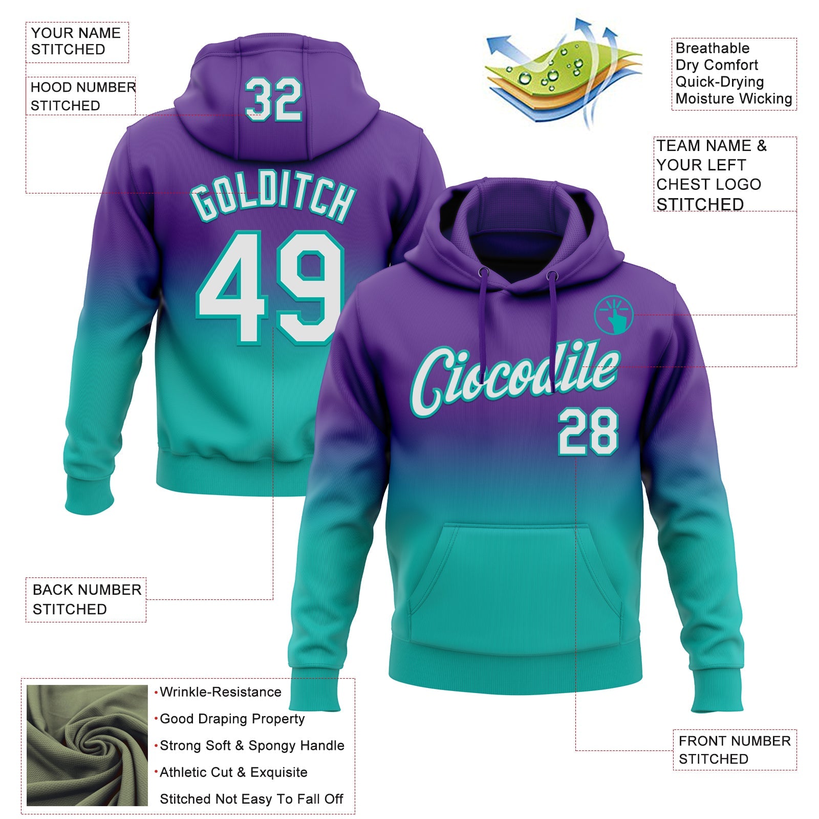 Custom Stitched Purple White-Aqua Fade Fashion Sports Pullover Sweatshirt Hoodie view 2