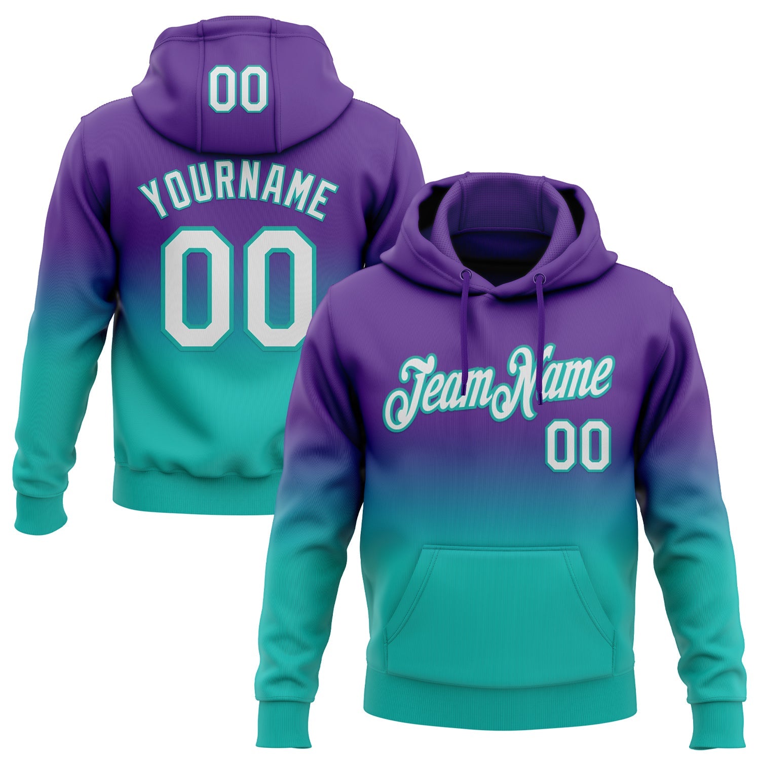 Custom Stitched Purple White-Aqua Fade Fashion Sports Pullover Sweatshirt Hoodie - Main View