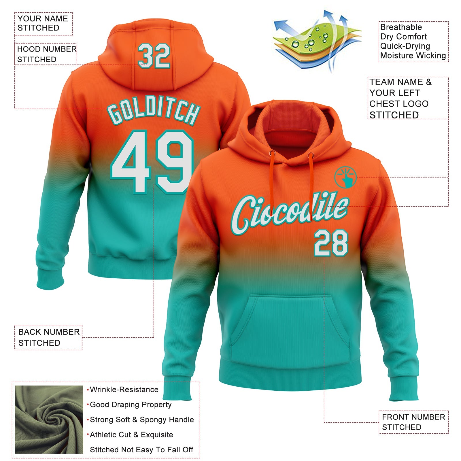 Custom Stitched Orange White-Aqua Fade Fashion Sports Pullover Sweatshirt Hoodie view 2