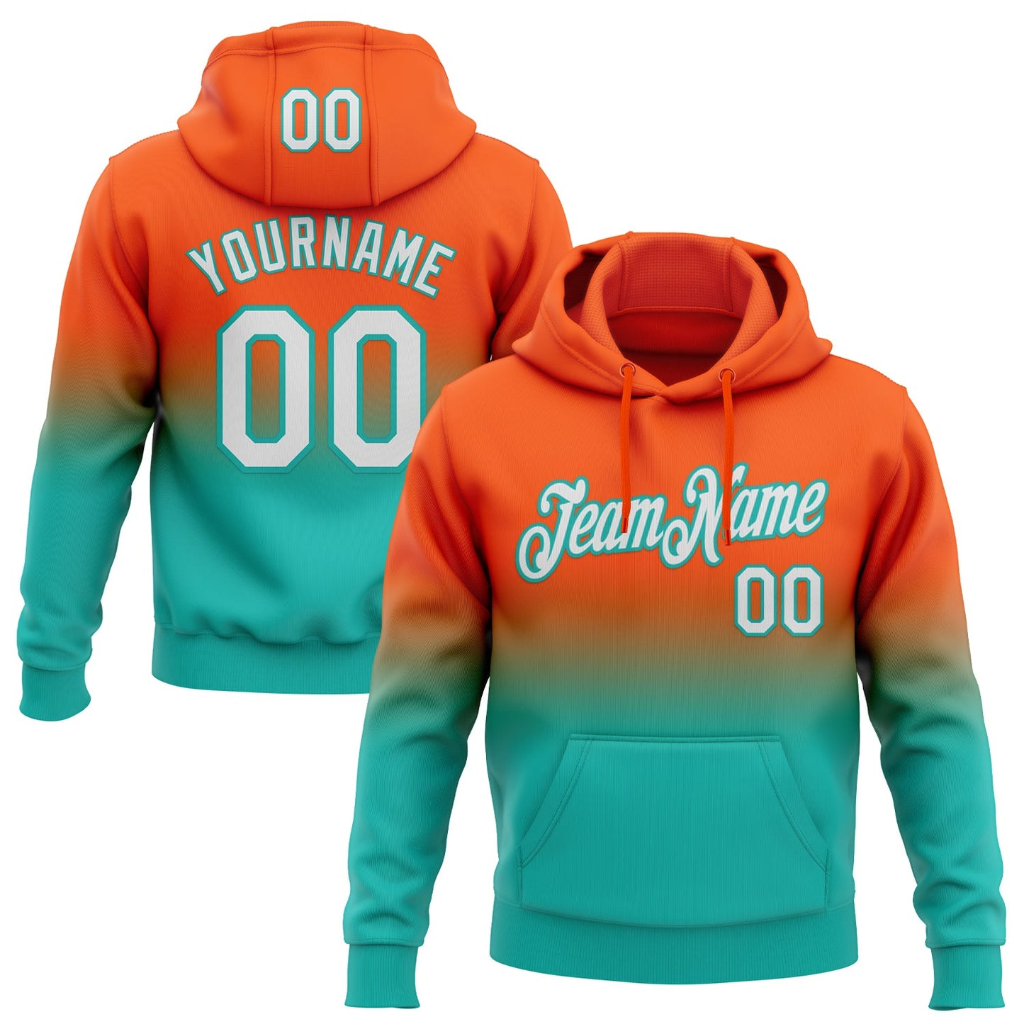 Custom Stitched Orange White-Aqua Fade Fashion Sports Pullover Sweatshirt Hoodie - Main View
