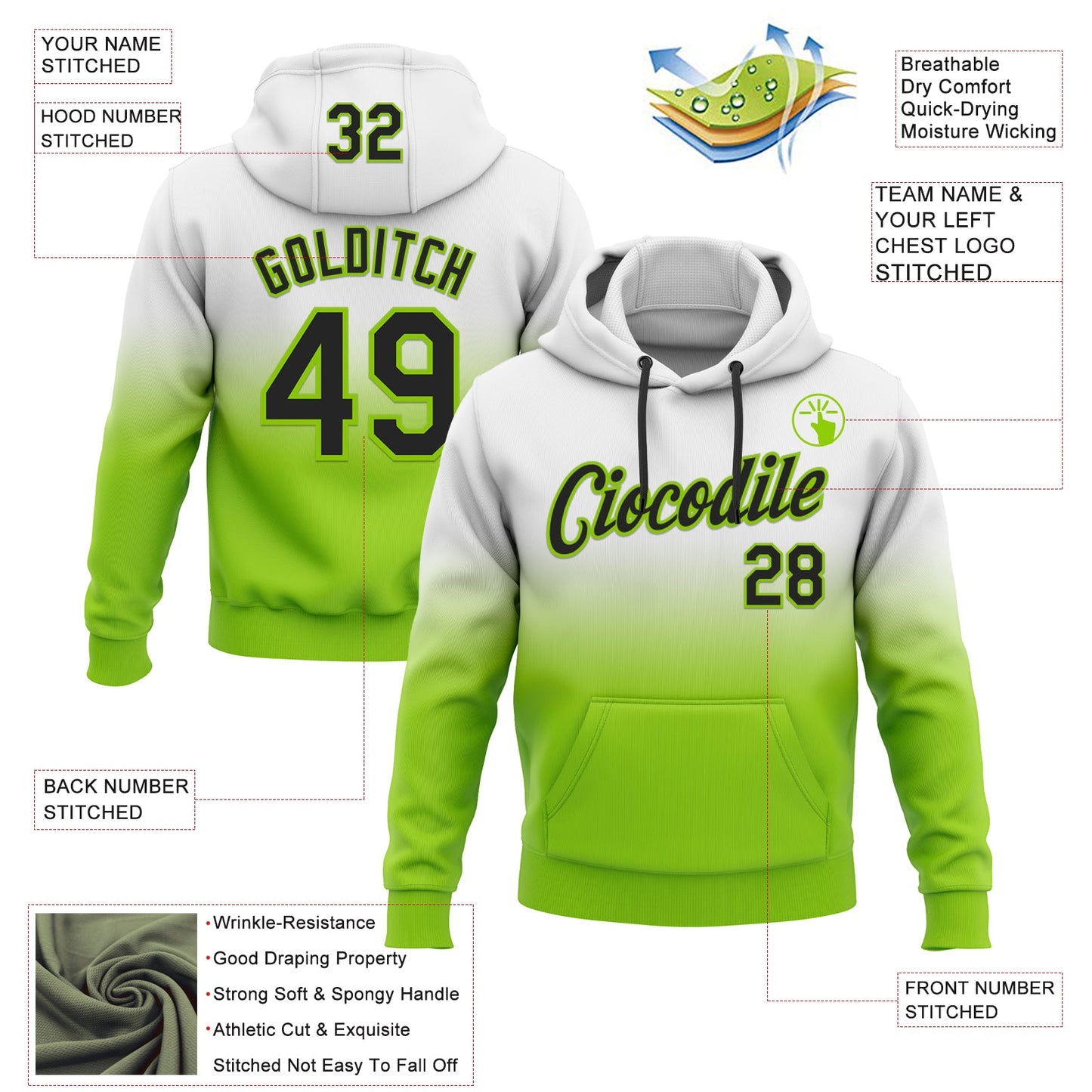 Custom Stitched White Black-Neon Green Fade Fashion Sports Pullover Sweatshirt Hoodie view 2