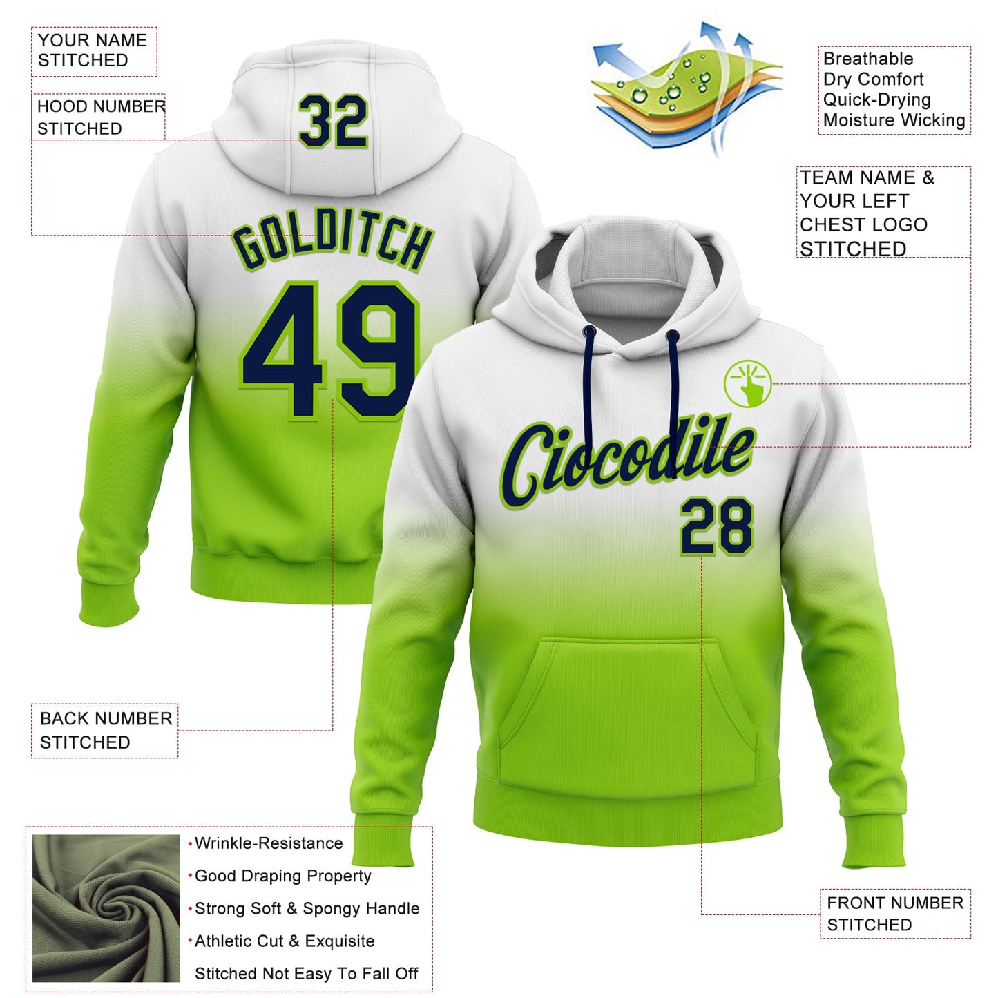 Custom Stitched White Navy-Neon Green Fade Fashion Sports Pullover Sweatshirt Hoodie view 2