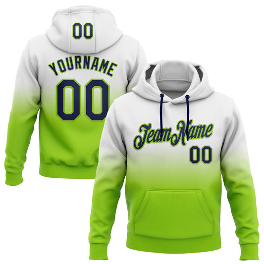 Custom Stitched White Navy-Neon Green Fade Fashion Sports Pullover Sweatshirt Hoodie - Main View