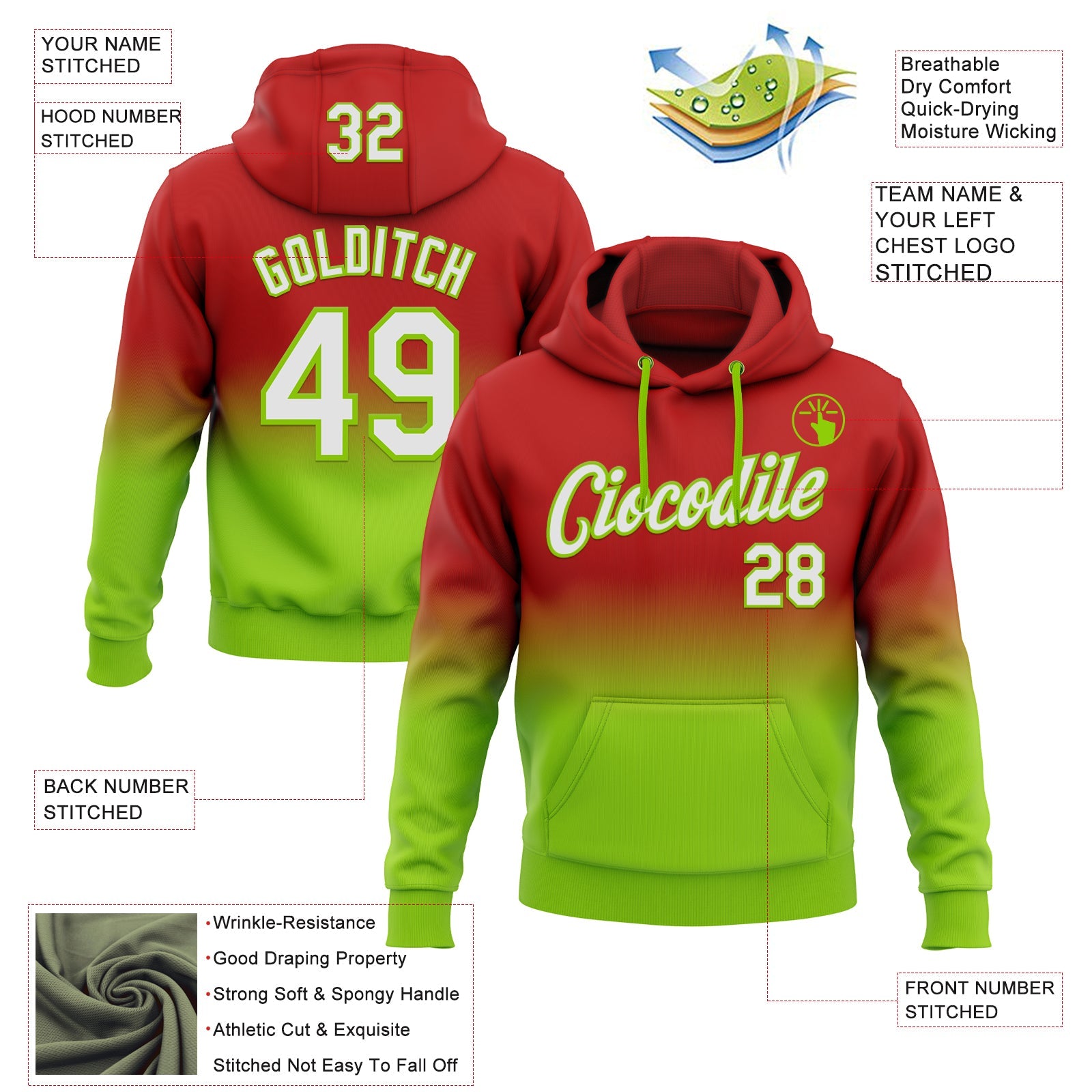 Custom Stitched Red White-Neon Green Fade Fashion Sports Pullover Sweatshirt Hoodie view 2