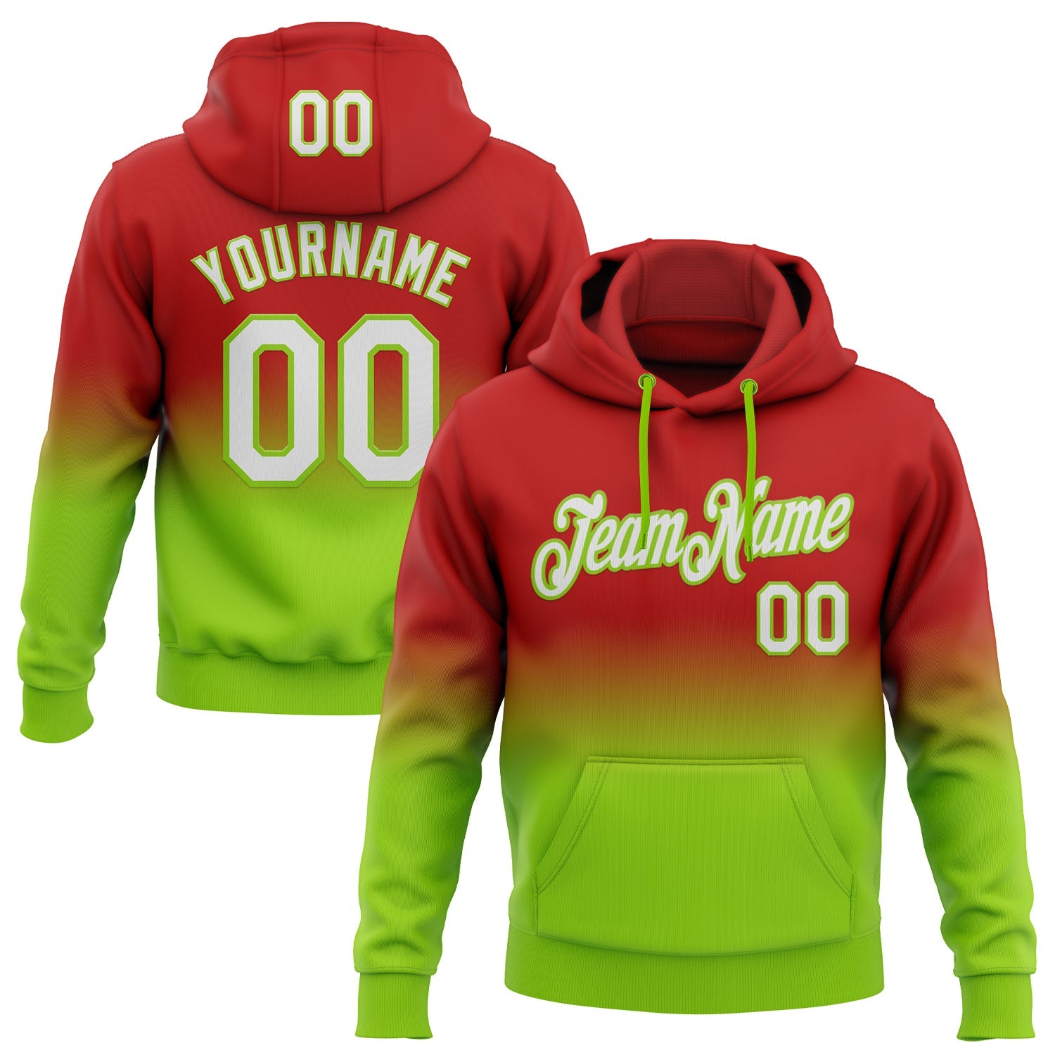 Custom Stitched Red White-Neon Green Fade Fashion Sports Pullover Sweatshirt Hoodie - Main View