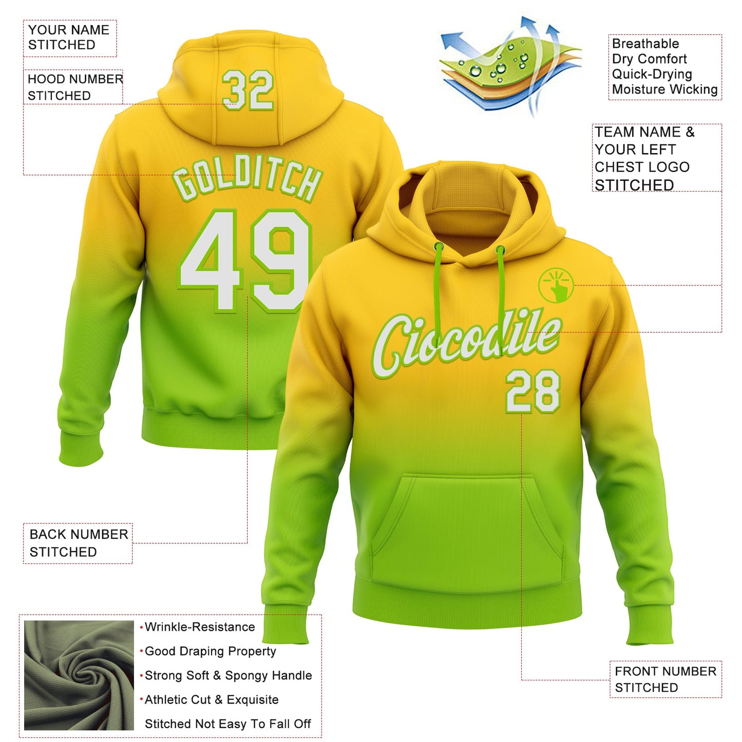 Custom Stitched Yellow White-Neon Green Fade Fashion Sports Pullover Sweatshirt Hoodie view 2