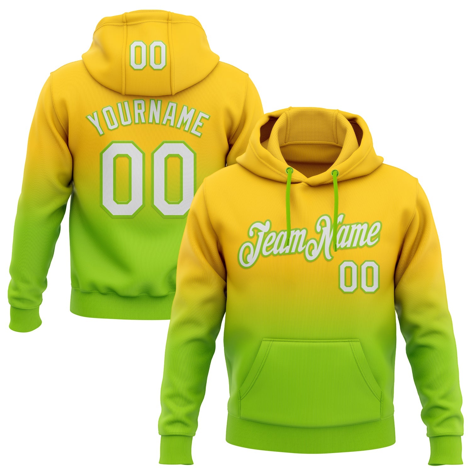 Custom Stitched Yellow White-Neon Green Fade Fashion Sports Pullover Sweatshirt Hoodie - Main View