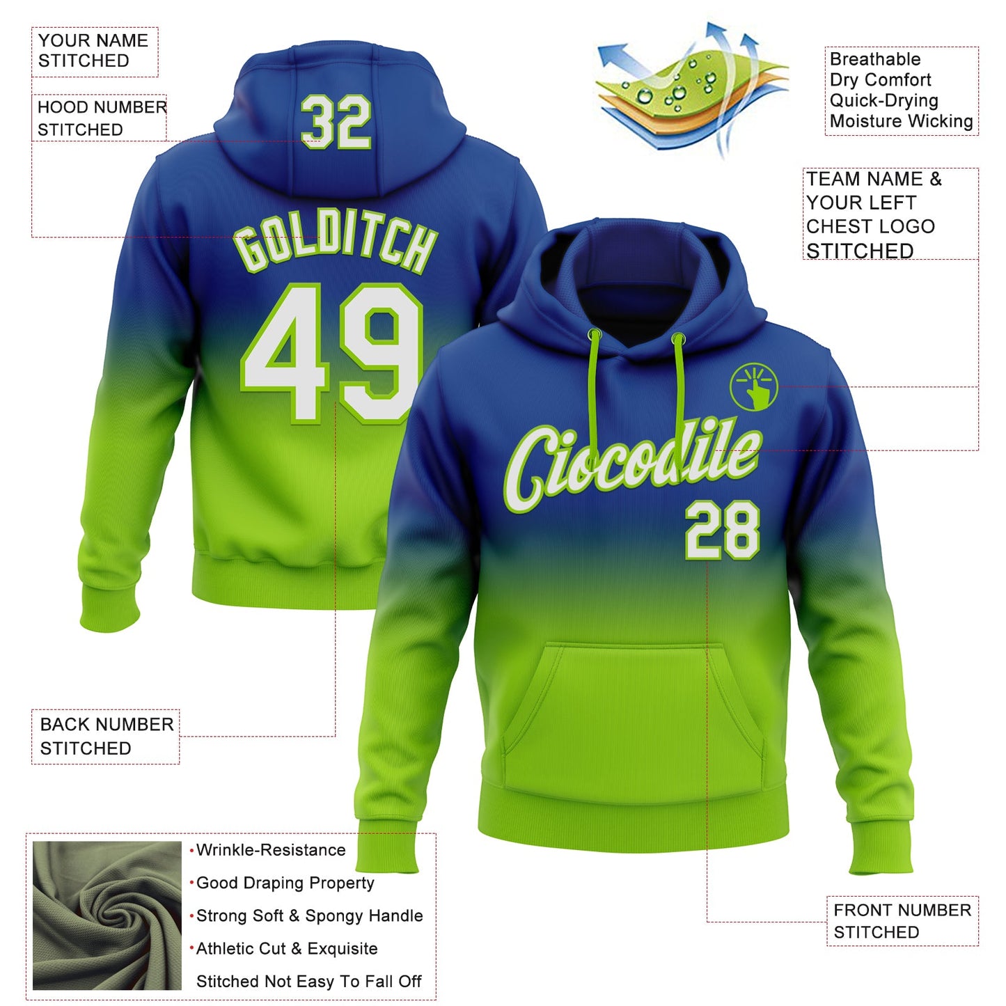 Custom Stitched Royal White-Neon Green Fade Fashion Sports Pullover Sweatshirt Hoodie view 2