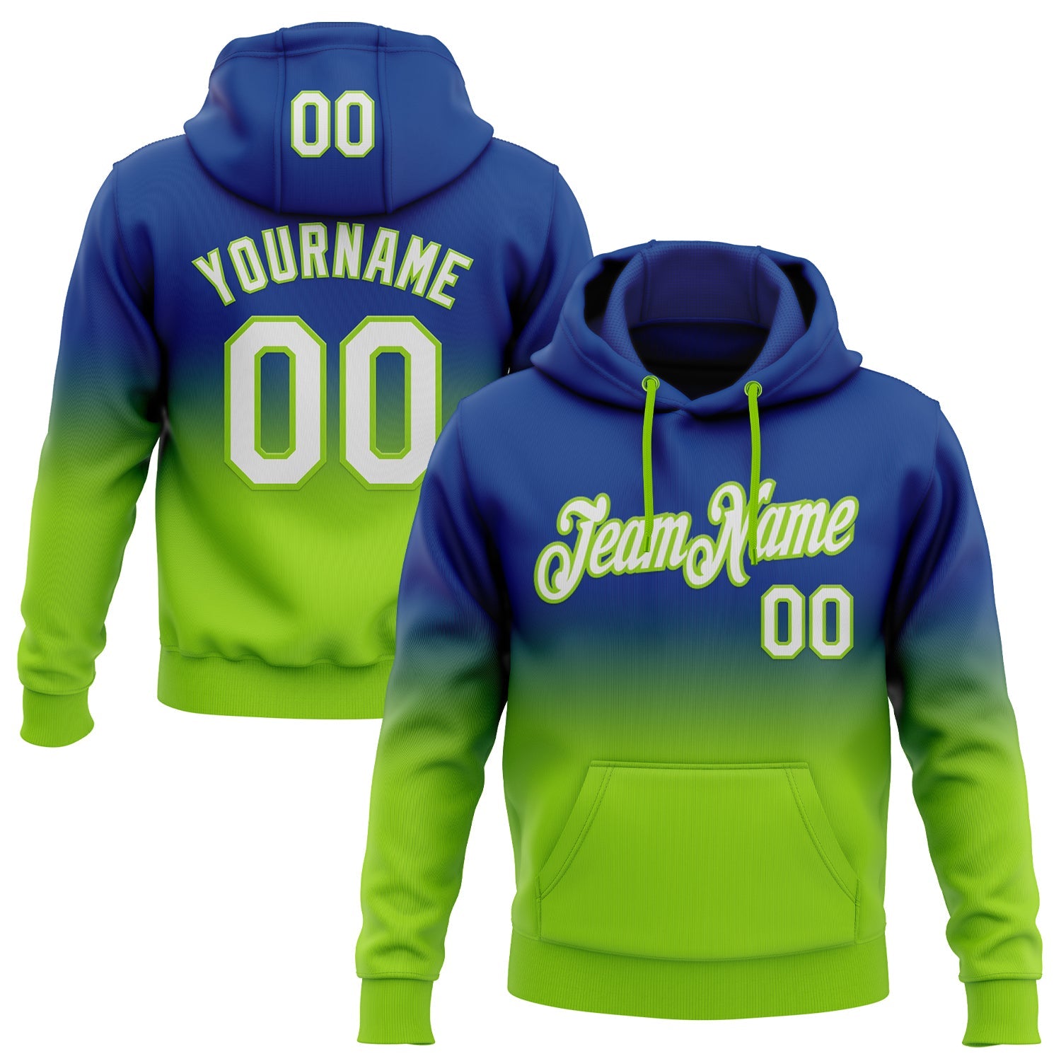 Custom Stitched Royal White-Neon Green Fade Fashion Sports Pullover Sweatshirt Hoodie - Main View
