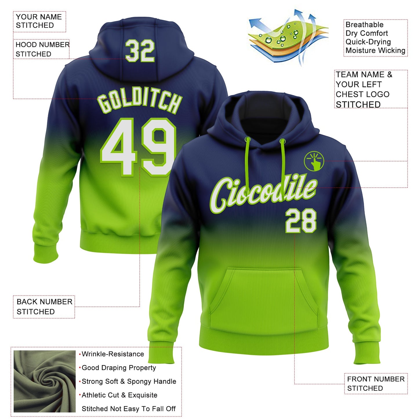 Custom Stitched Navy White-Neon Green Fade Fashion Sports Pullover Sweatshirt Hoodie view 2