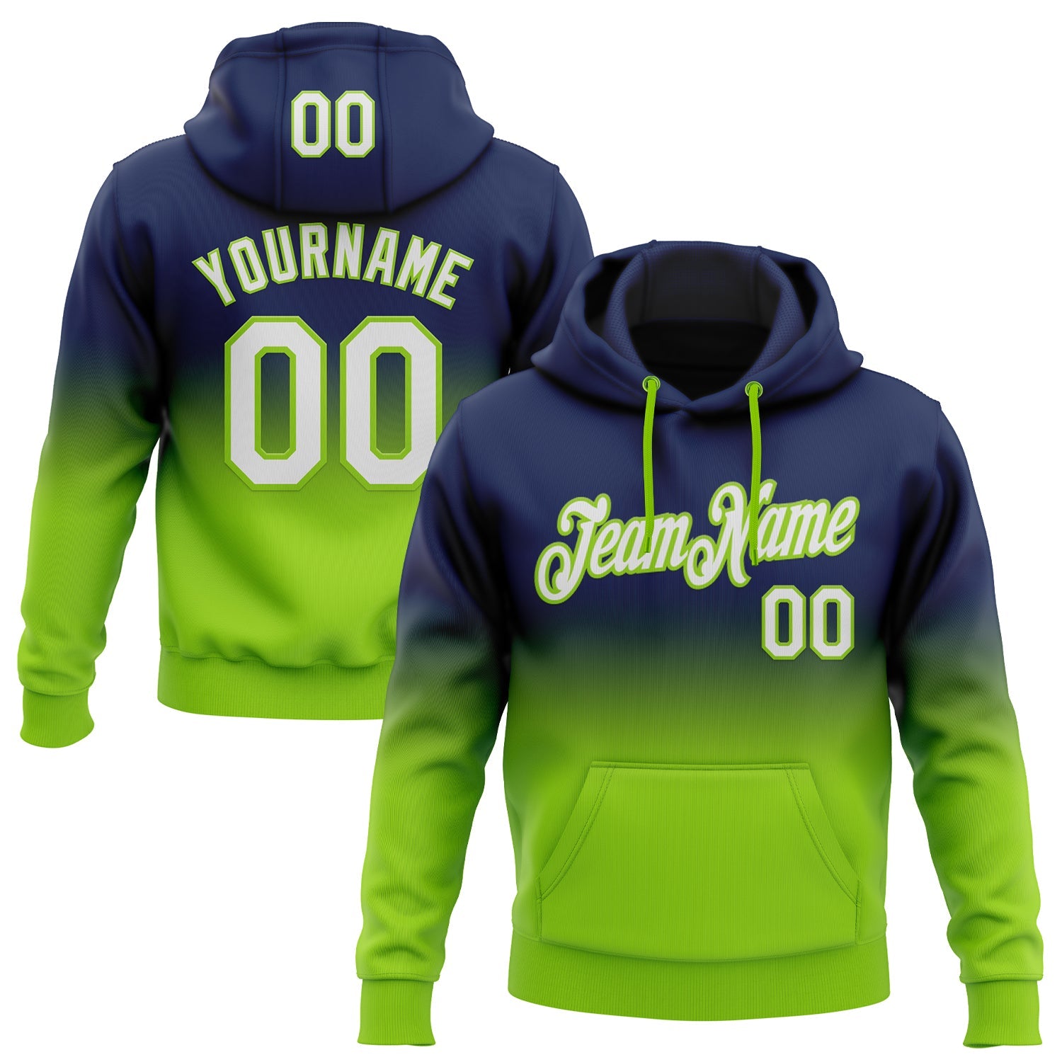 Custom Stitched Navy White-Neon Green Fade Fashion Sports Pullover Sweatshirt Hoodie - Main View