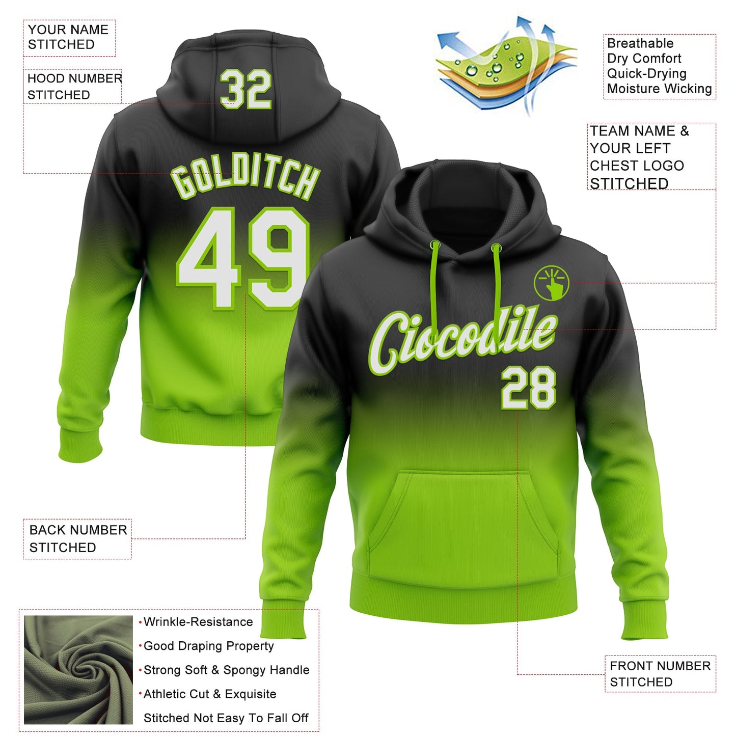 Custom Stitched Black White-Neon Green Fade Fashion Sports Pullover Sweatshirt Hoodie view 2
