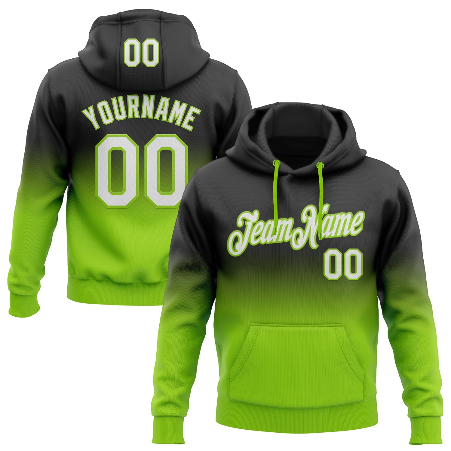 Custom Stitched Black White-Neon Green Fade Fashion Sports Pullover Sweatshirt Hoodie - Main View