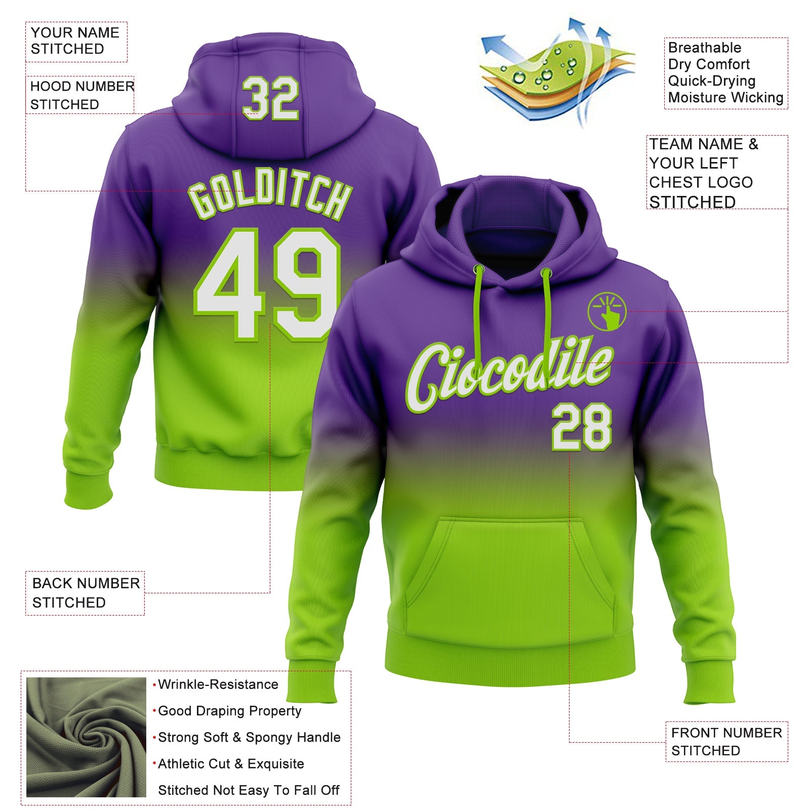 Custom Stitched Purple White-Neon Green Fade Fashion Sports Pullover Sweatshirt Hoodie view 2